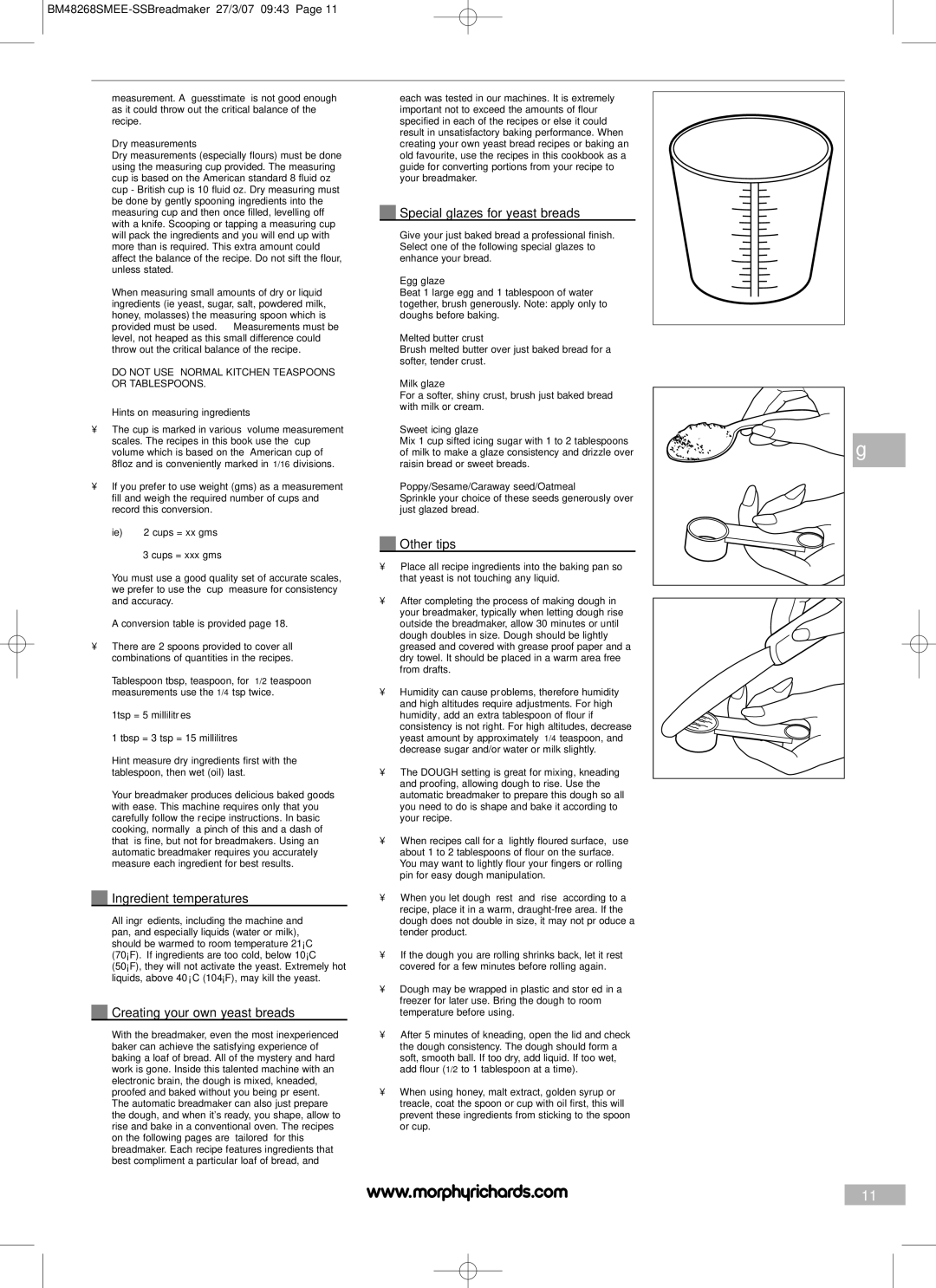 Morphy Richards BM48268SMEE manual Ingredient temperatures, Creating your own yeast breads, Special glazes for yeast breads 