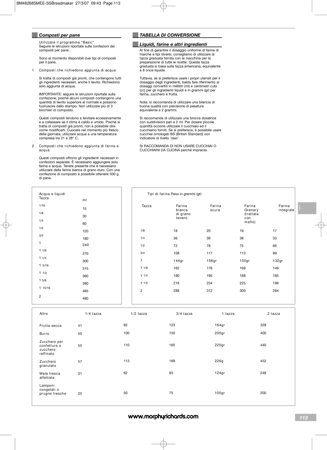 Morphy Richards BM48268SMEE manual 113, Composti per pane, Tabella DI Conversione, Liquidi, farine e altri ingredienti 