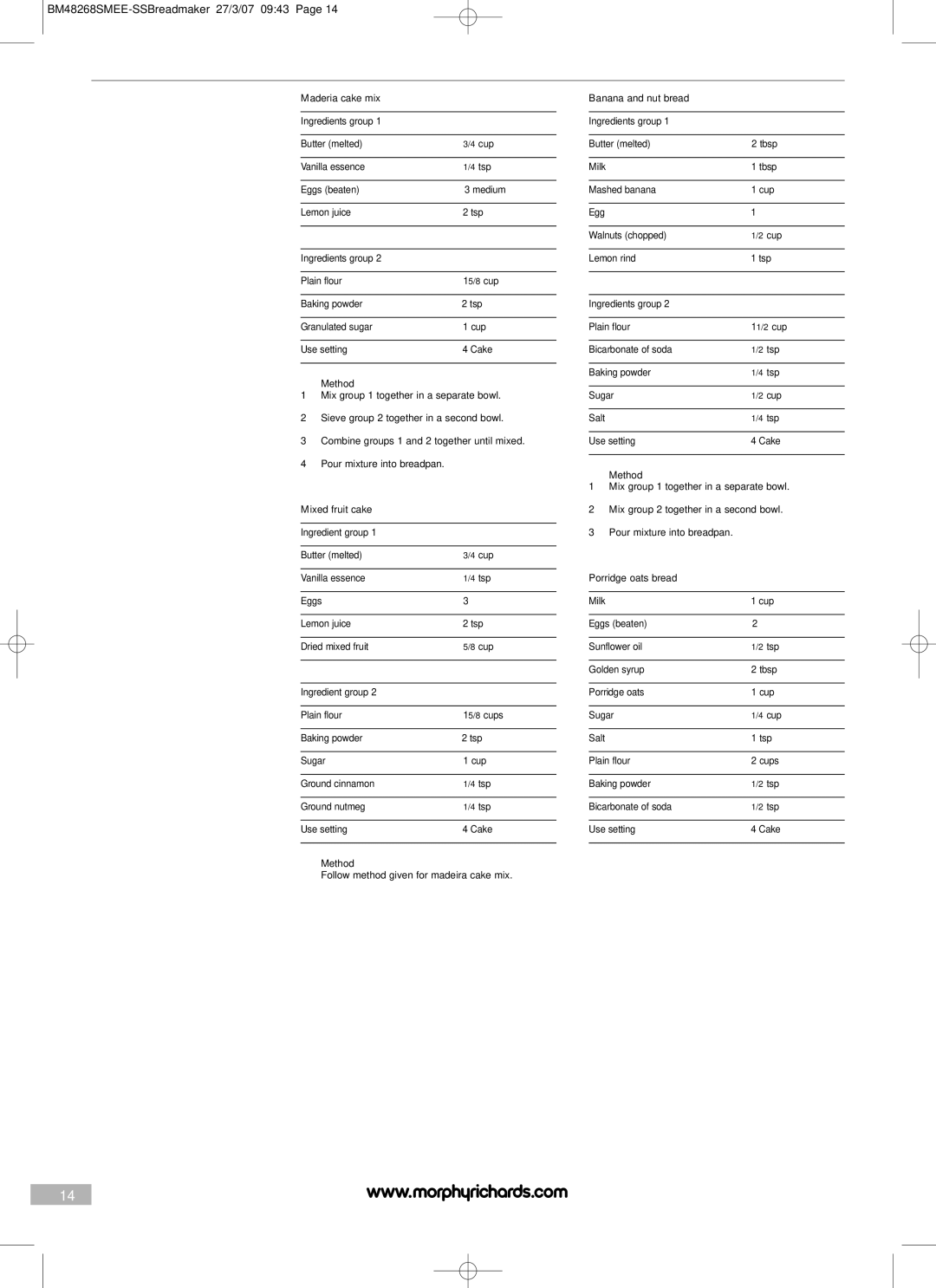 Morphy Richards BM48268SMEE manual Maderia cake mix, Method, Mixed fruit cake, Banana and nut bread, Porridge oats bread 
