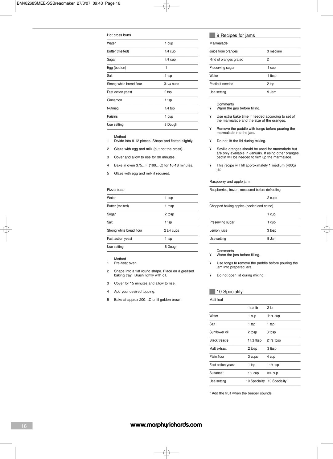Morphy Richards BM48268SMEE manual Recipes for jams, Speciality 