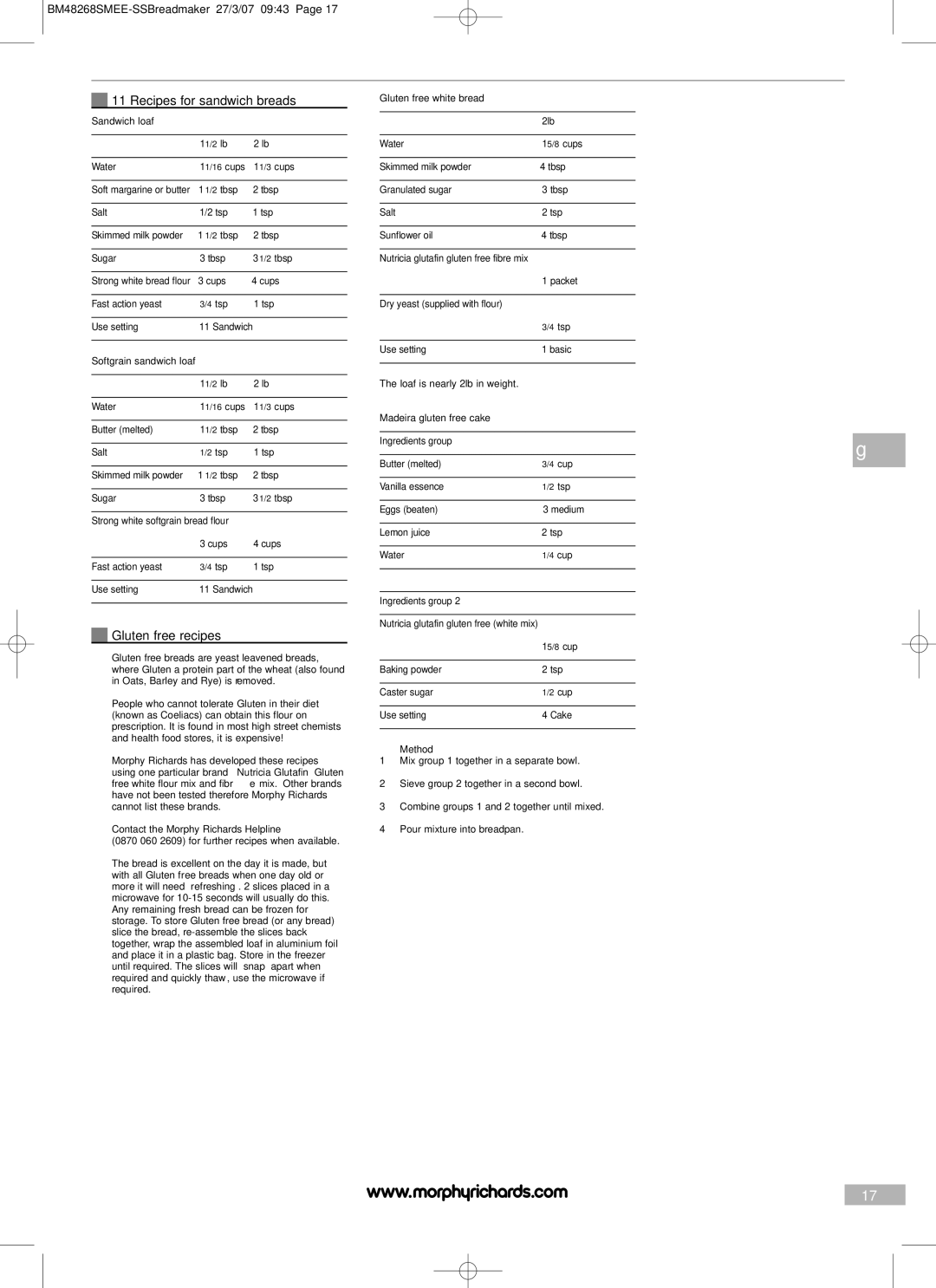 Morphy Richards BM48268SMEE manual Recipes for sandwich breads, Gluten free recipes 