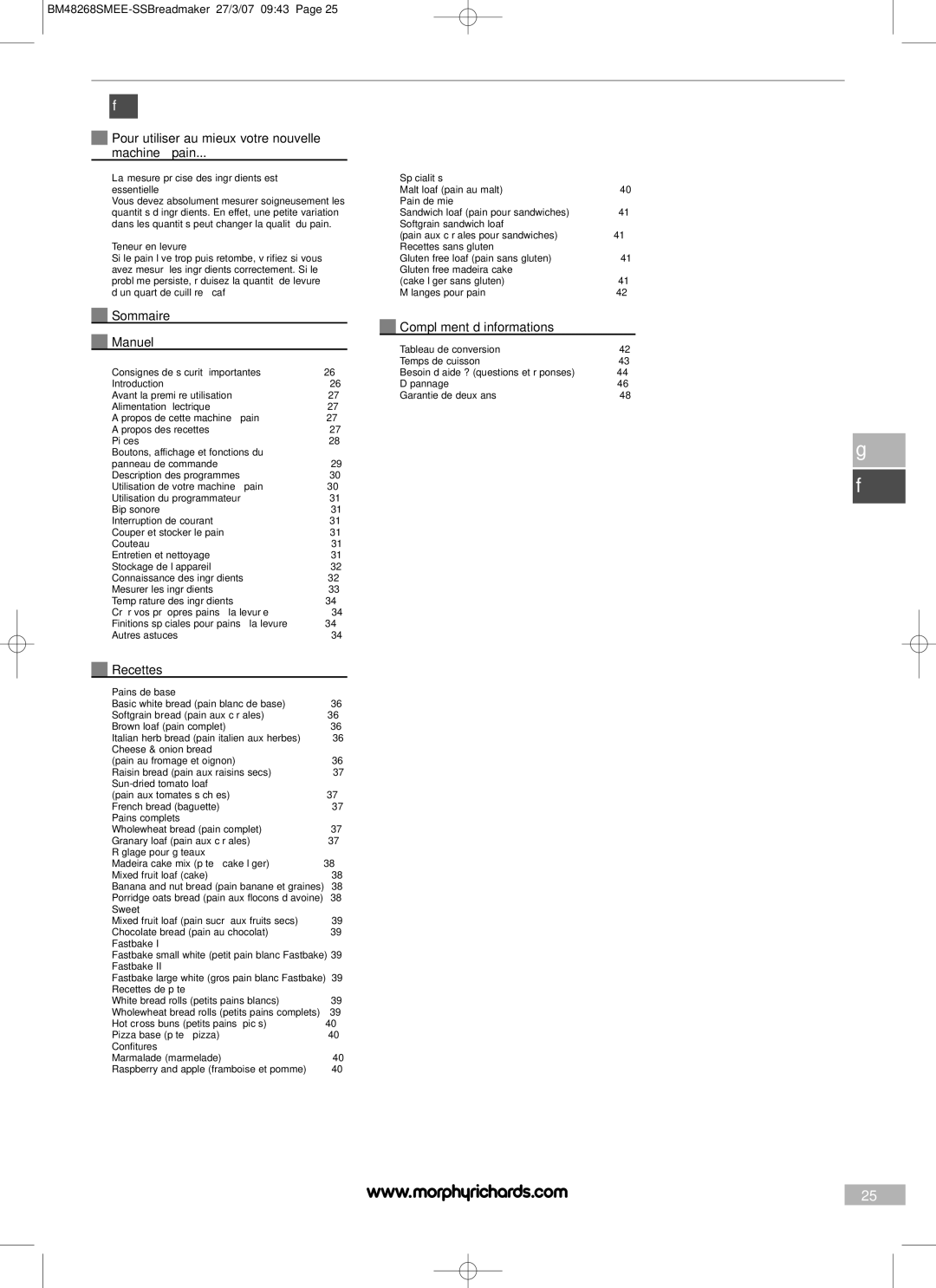 Morphy Richards BM48268SMEE manual Pour utiliser au mieux votre nouvelle Machine à pain, Sommaire Manuel, Recettes 