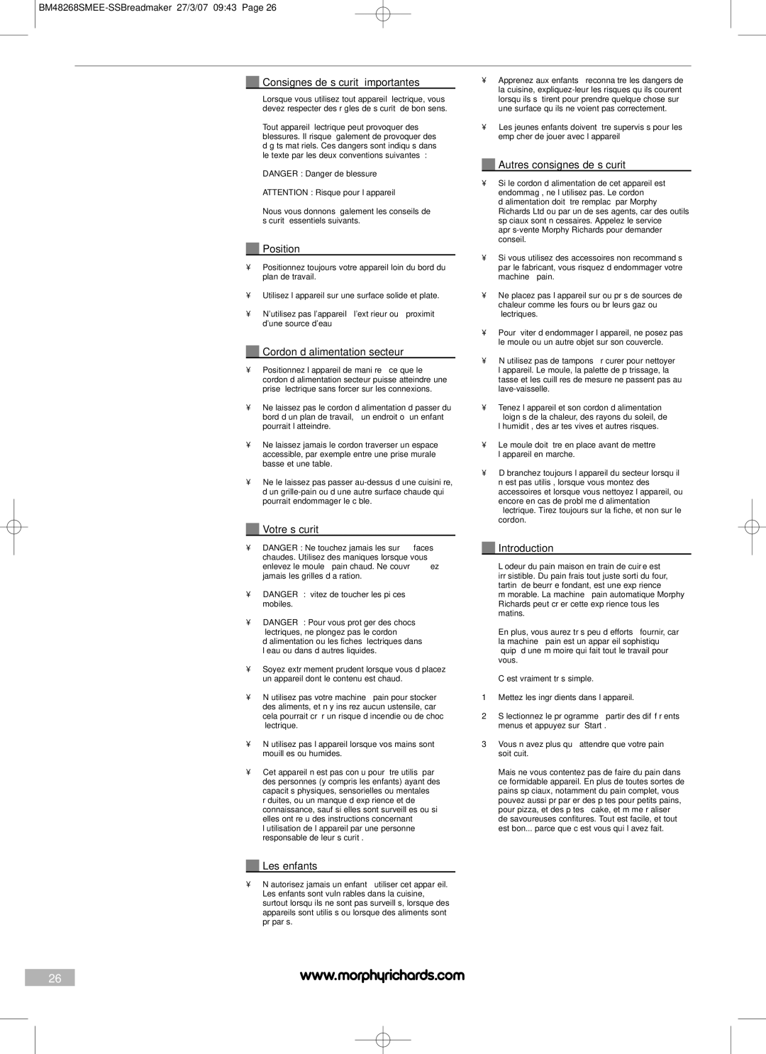 Morphy Richards BM48268SMEE Consignes de sécurité importantes, Position, Autres consignes de sécurité, Votre sécurité 