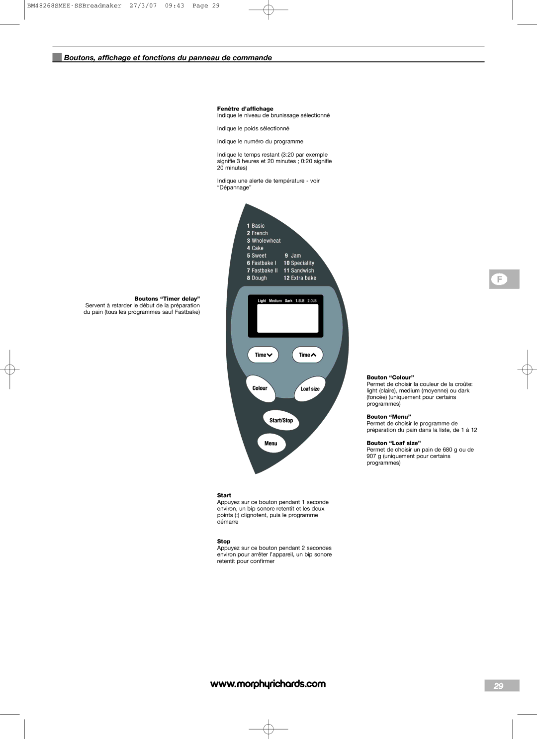 Morphy Richards BM48268SMEE Boutons, affichage et fonctions du panneau de commande, Fenêtre d’affichage, Bouton Colour 