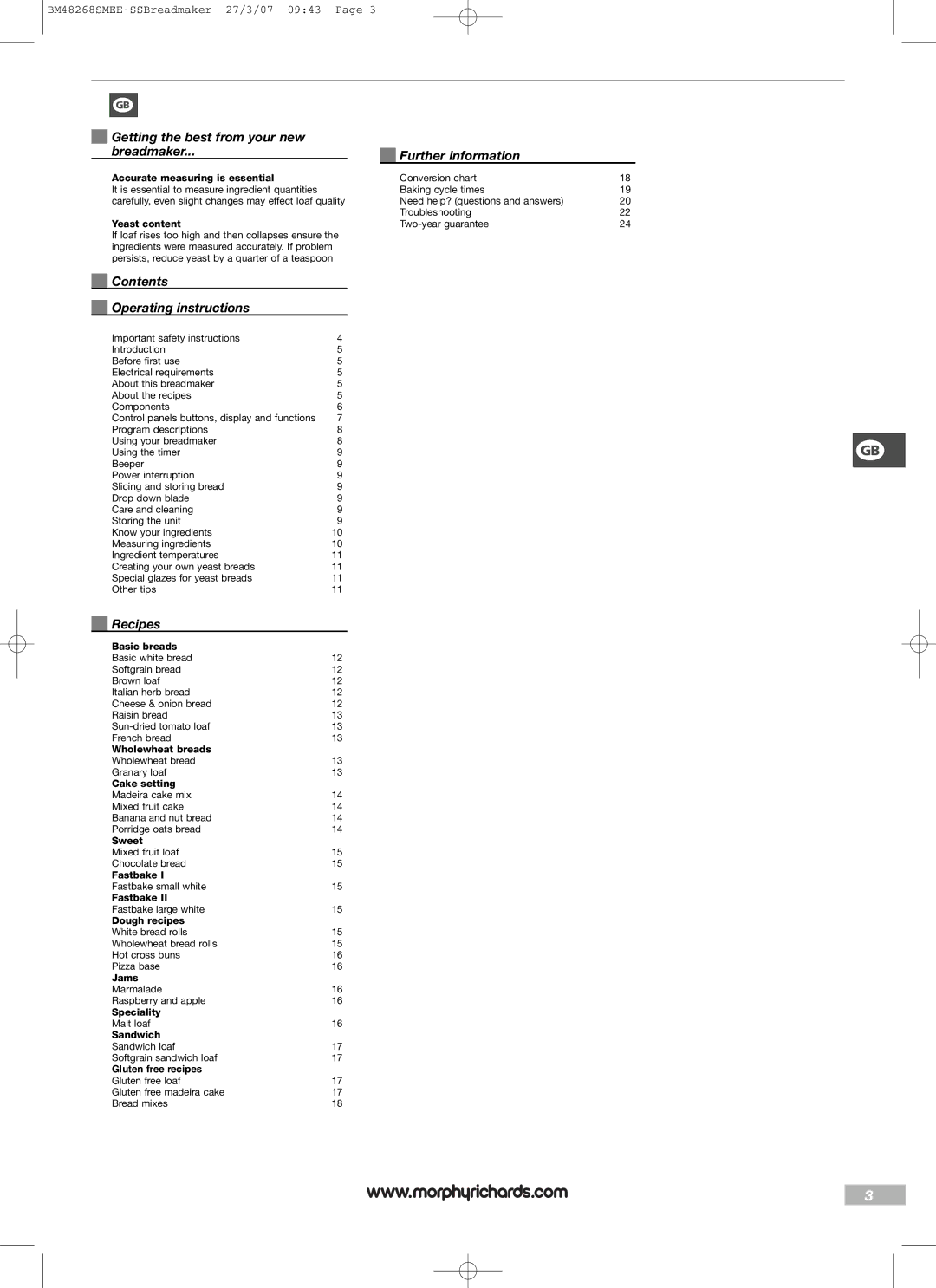 Morphy Richards BM48268SMEE manual Contents Operating instructions, Recipes 