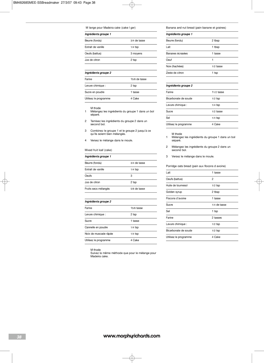 Morphy Richards BM48268SMEE manual Mélange pour Madeira cake cake léger, Méthode, Mixed fruit loaf cake 