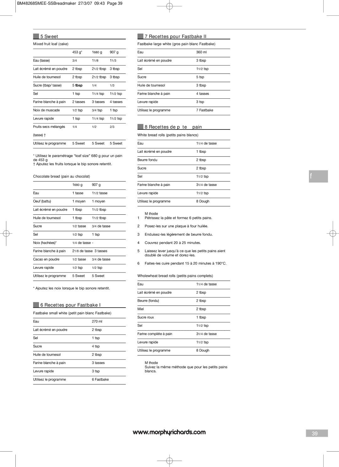 Morphy Richards BM48268SMEE manual Recettes pour Fastbake, Recettes de pâte à pain 