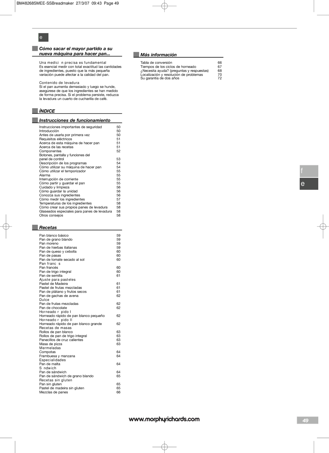 Morphy Richards BM48268SMEE manual Índice, Instrucciones de funcionamiento, Recetas 
