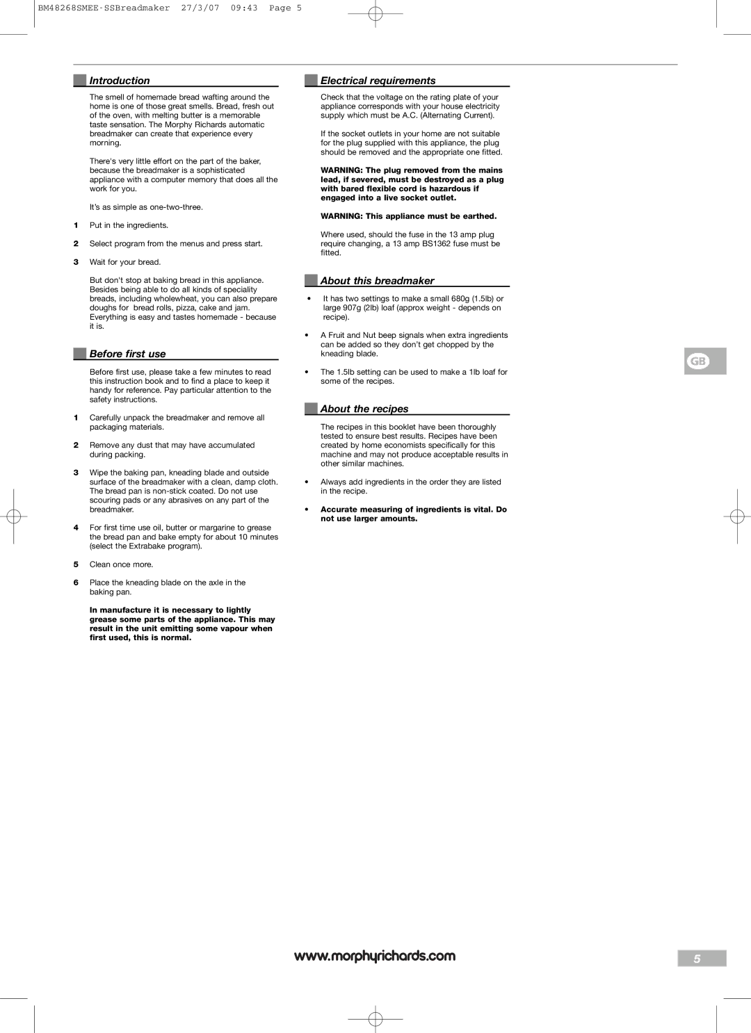 Morphy Richards BM48268SMEE manual Introduction Electrical requirements, About this breadmaker, Before first use 