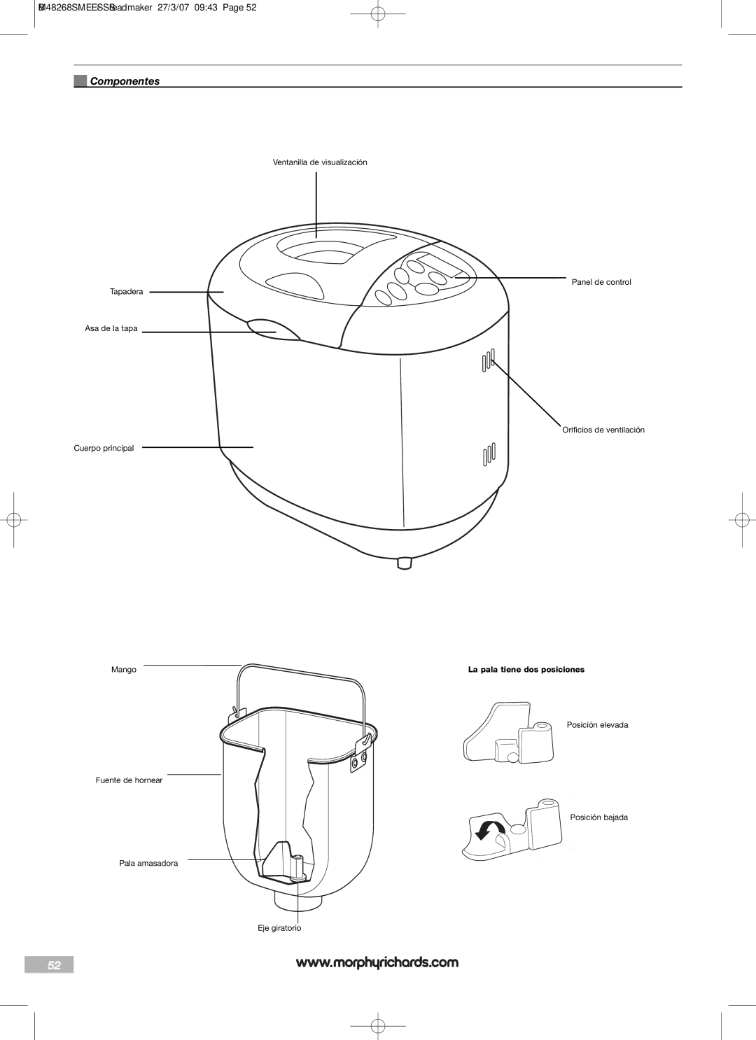 Morphy Richards BM48268SMEE manual Componentes, La pala tiene dos posiciones 