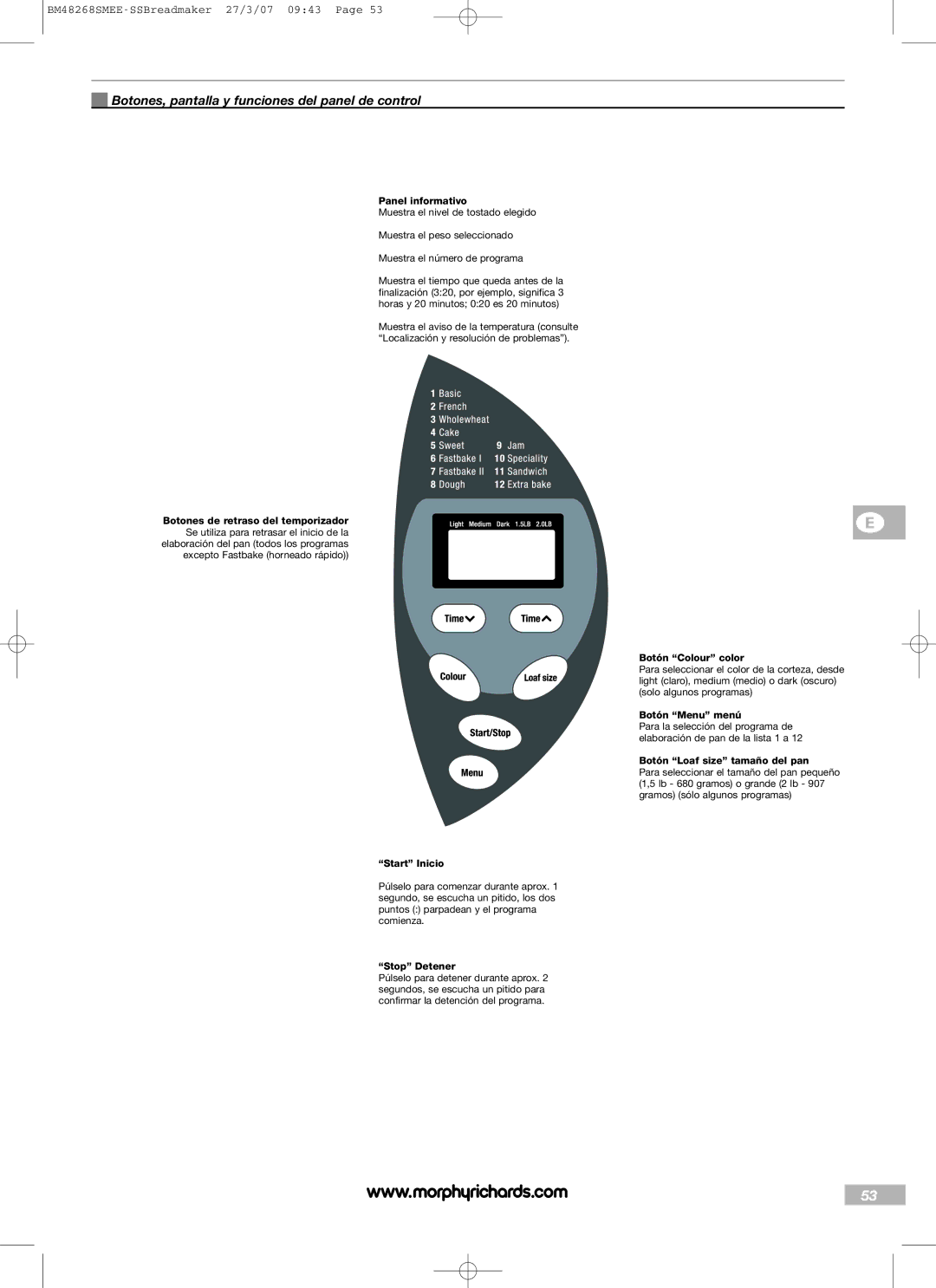 Morphy Richards BM48268SMEE manual Botones, pantalla y funciones del panel de control 