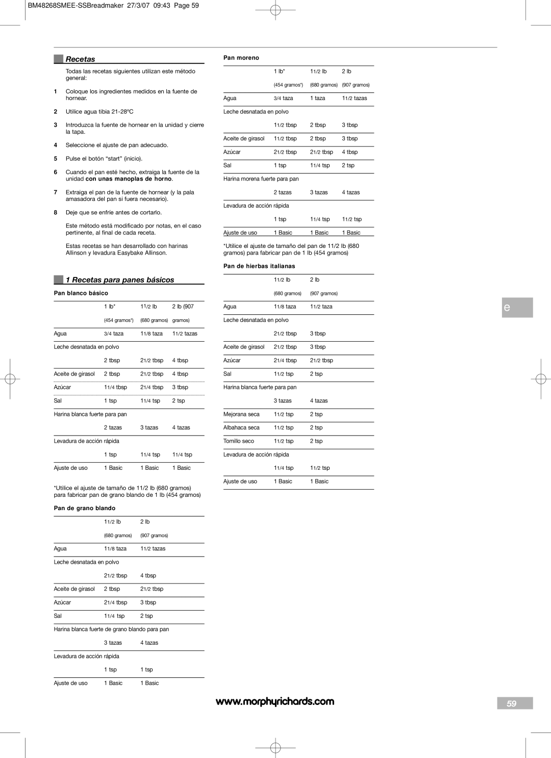 Morphy Richards BM48268SMEE manual Recetas para panes básicos, Pan moreno, Pan blanco básico, Pan de grano blando 