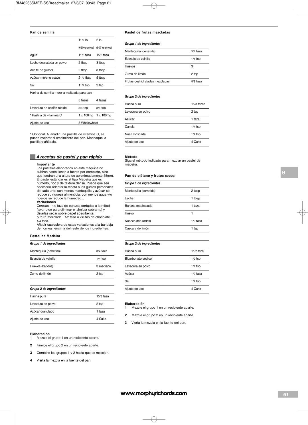 Morphy Richards BM48268SMEE manual Recetas de pastel y pan rápido 