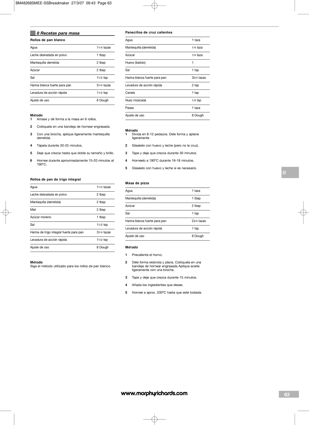 Morphy Richards BM48268SMEE manual Recetas para masa, Rollos de pan blanco, Rollos de pan de trigo integral, Mása de pizza 