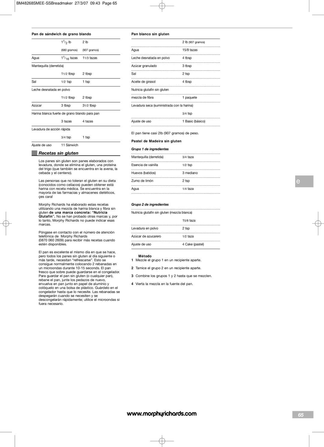 Morphy Richards BM48268SMEE manual Recetas sin gluten, Pan de sándwich de grano blando, Pan blanco sin gluten 