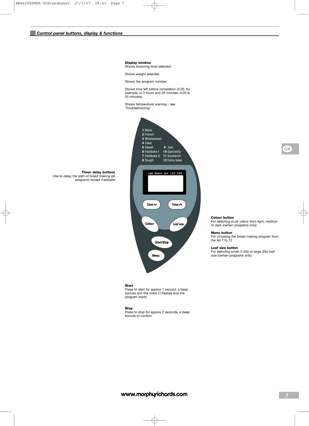 Morphy Richards BM48268SMEE manual Control panel buttons, display & functions 