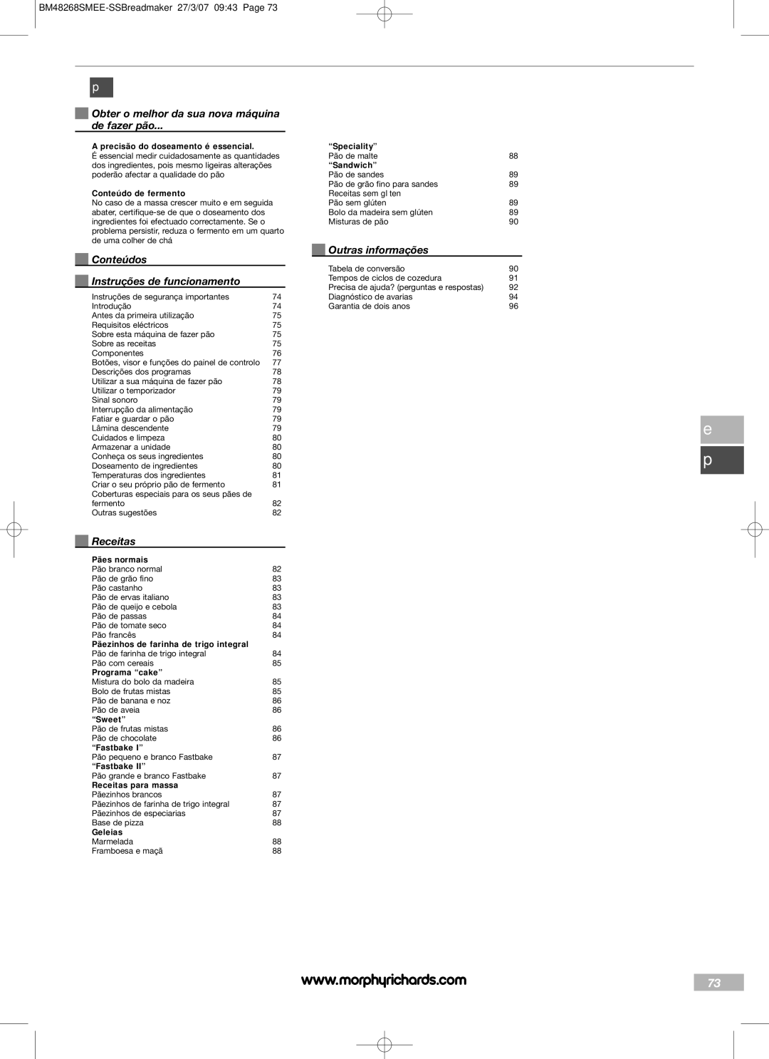 Morphy Richards BM48268SMEE manual Obter o melhor da sua nova máquina De fazer pão, Conteúdos Instruções de funcionamento 