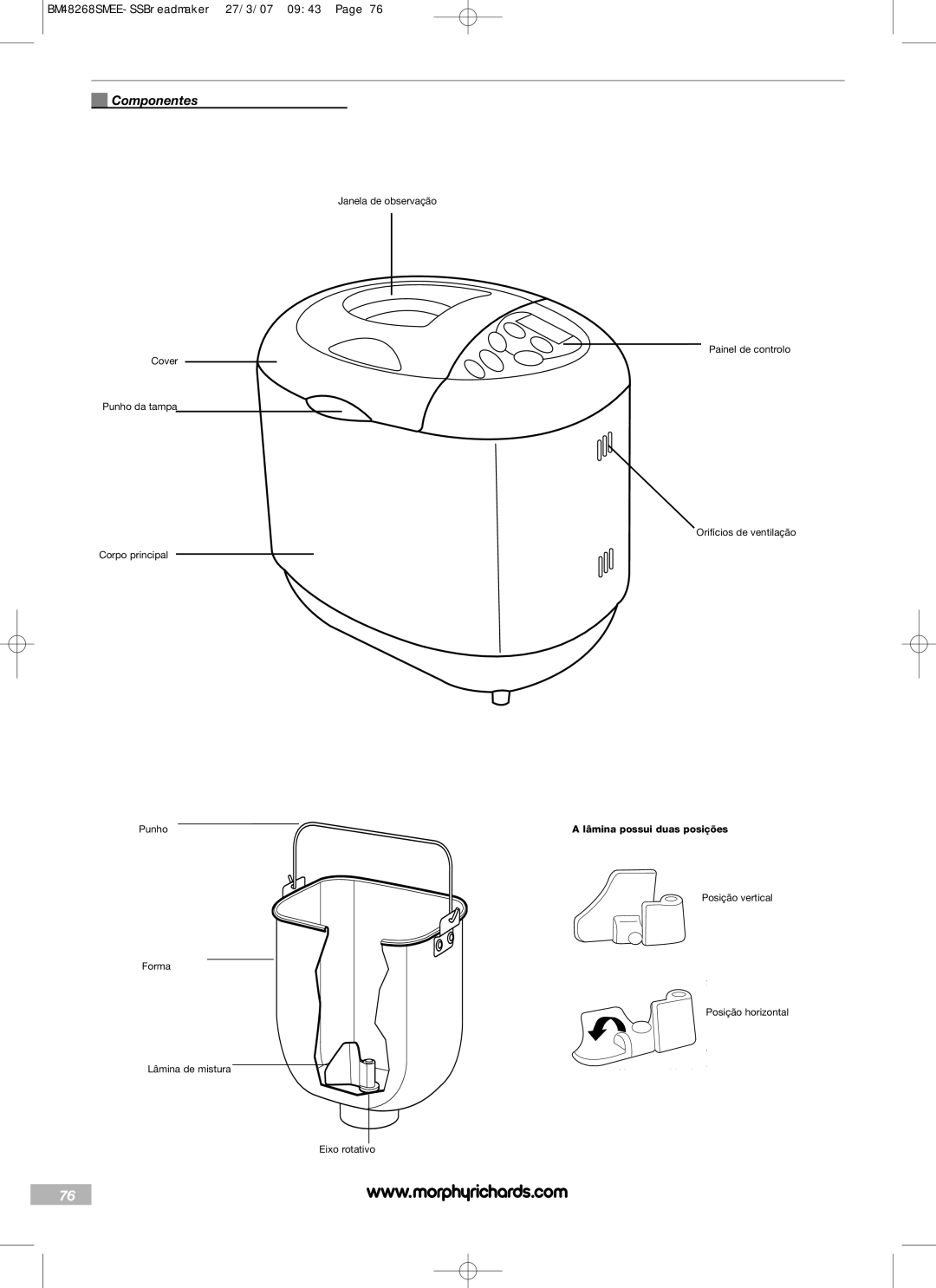 Morphy Richards BM48268SMEE manual Componentes, Lâmina possui duas posições 