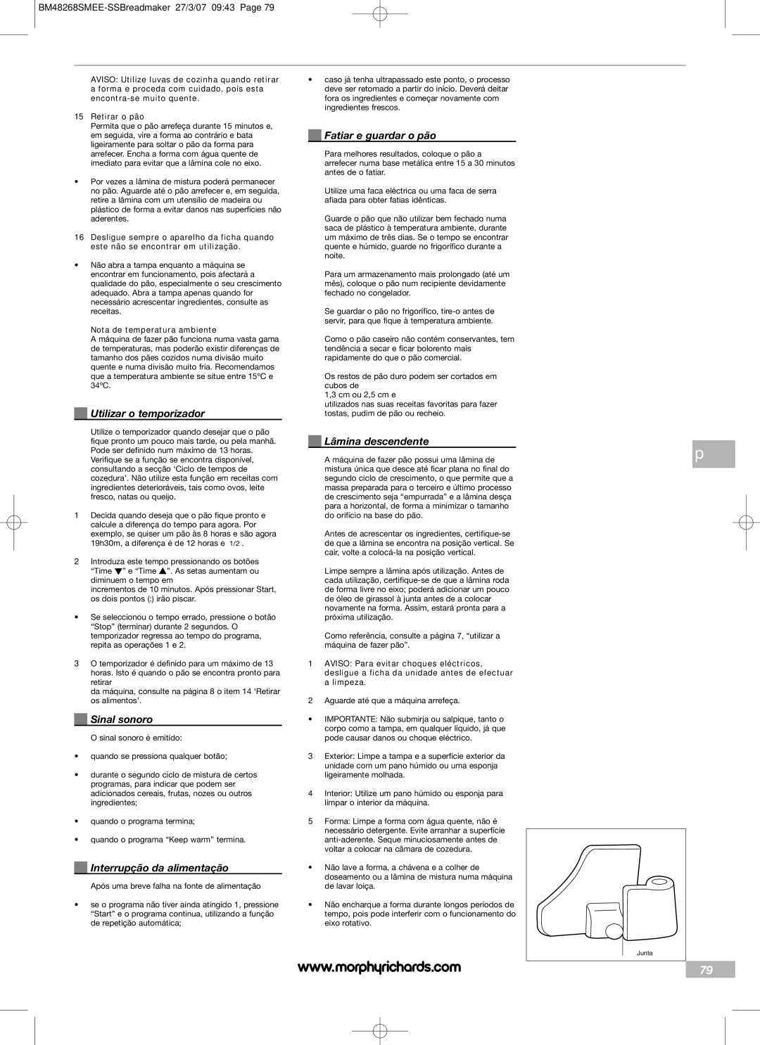Morphy Richards BM48268SMEE Utilizar o temporizador, Sinal sonoro, Interrupção da alimentação, Fatiar e guardar o pão 