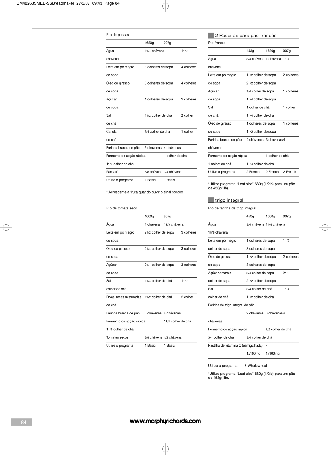 Morphy Richards BM48268SMEE manual Receitas para pão francês, Trigo integral 
