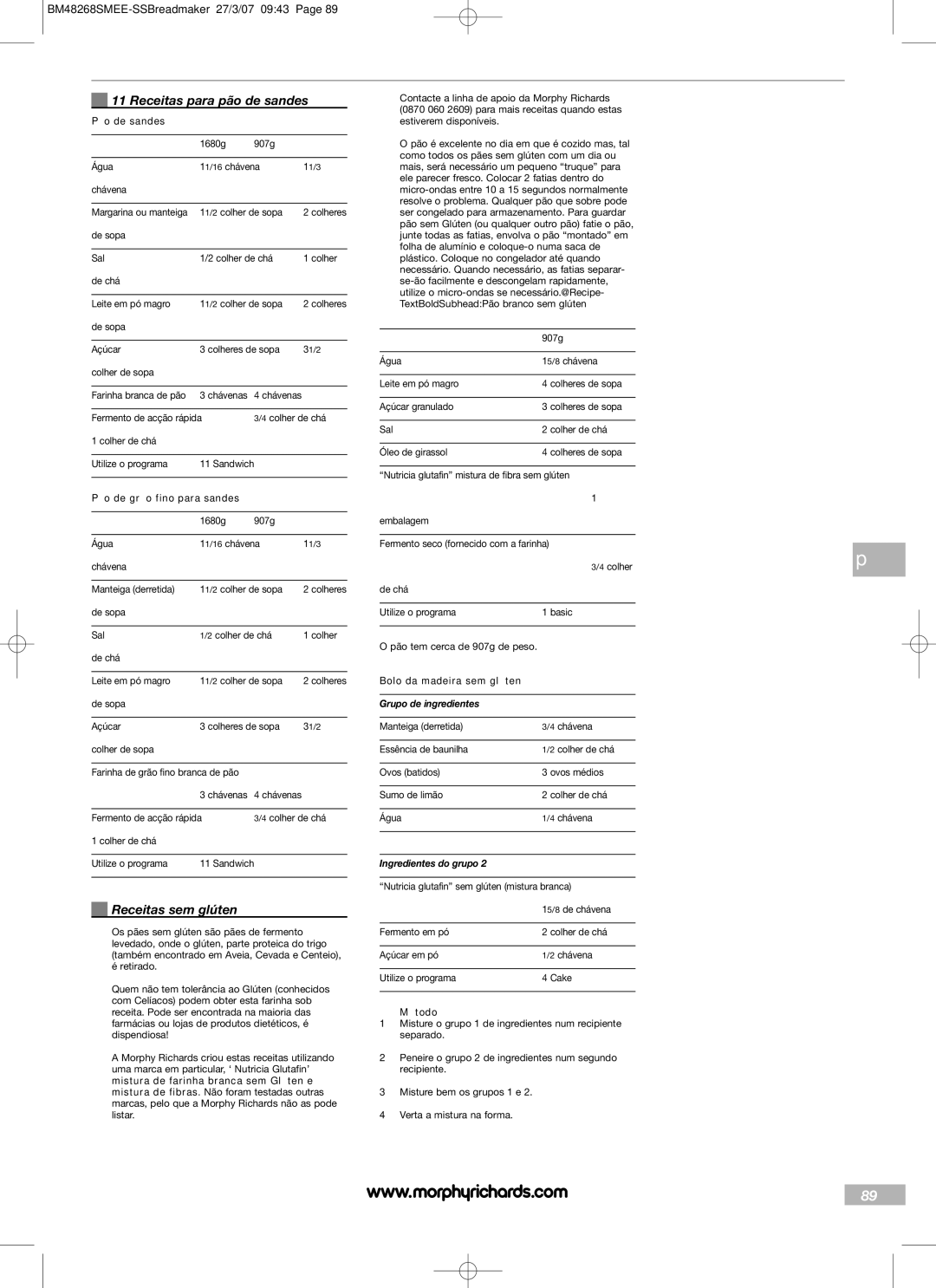 Morphy Richards BM48268SMEE Receitas para pão de sandes, Receitas sem glúten, Pão de sandes, Pão de grão fino para sandes 