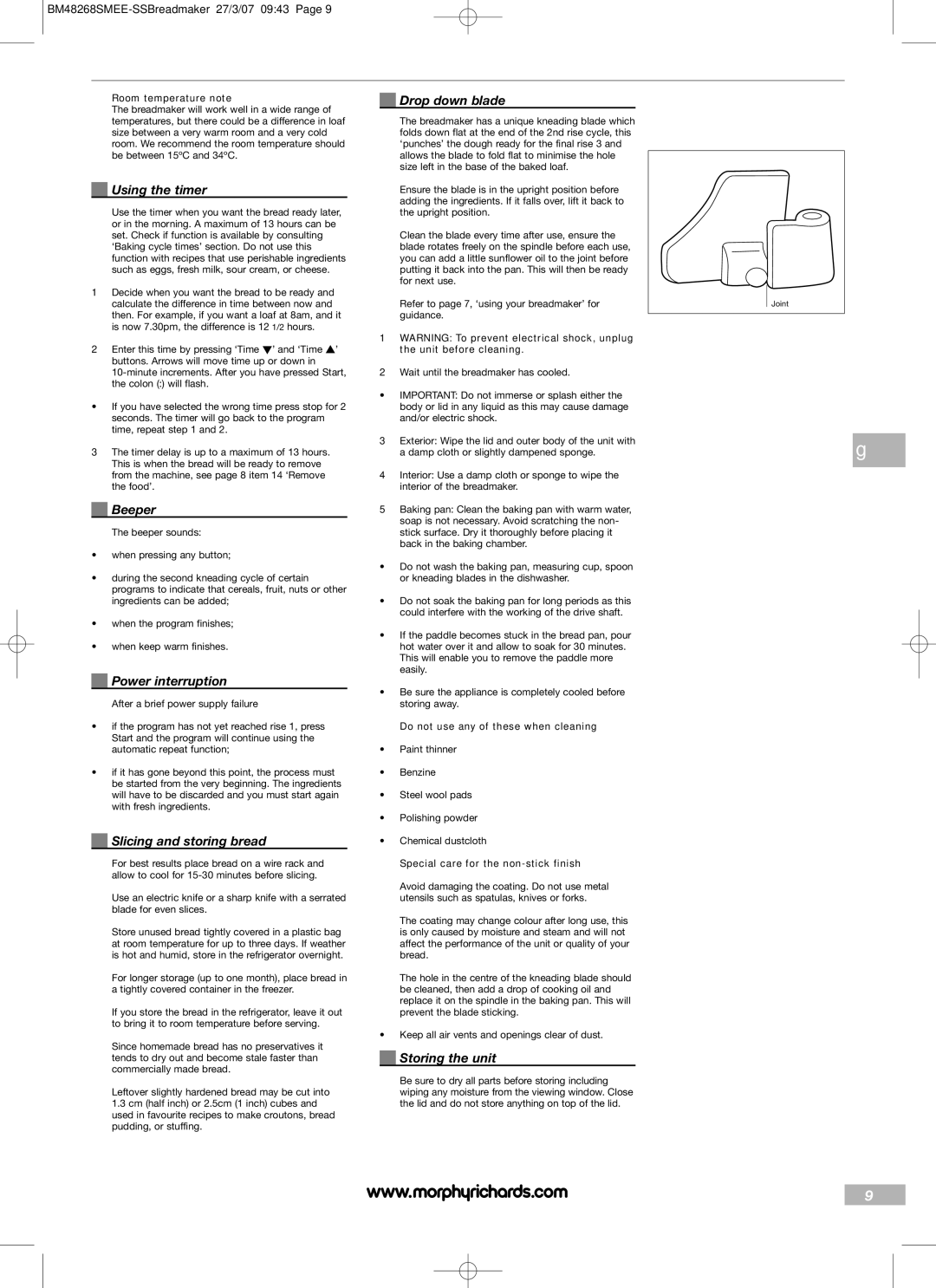 Morphy Richards BM48268SMEE manual Using the timer, Beeper, Power interruption, Slicing and storing bread, Drop down blade 