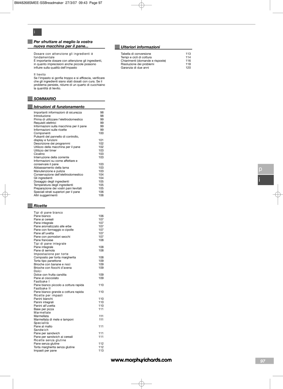Morphy Richards BM48268SMEE manual Ulteriori informazioni, Sommario, Istruzioni di funzionamento, Ricette 