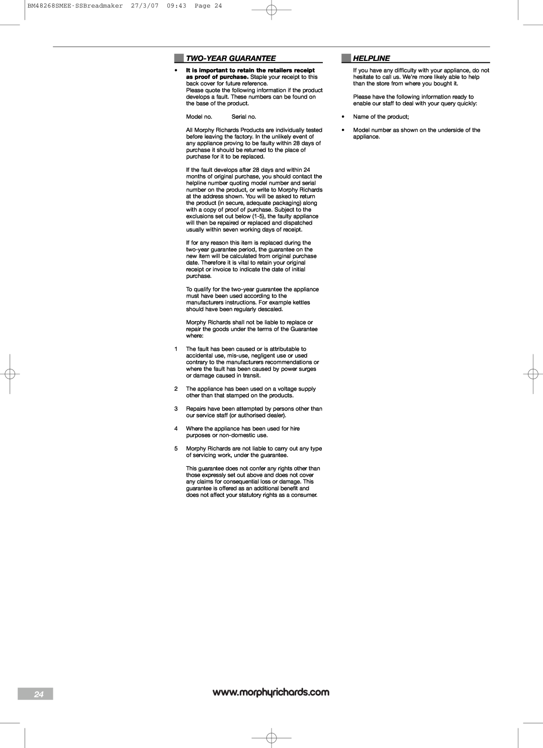 Morphy Richards manual Two-Yearguarantee, Helpline, BM48268SMEE-SSBreadmaker27/3/07 09:43 Page 