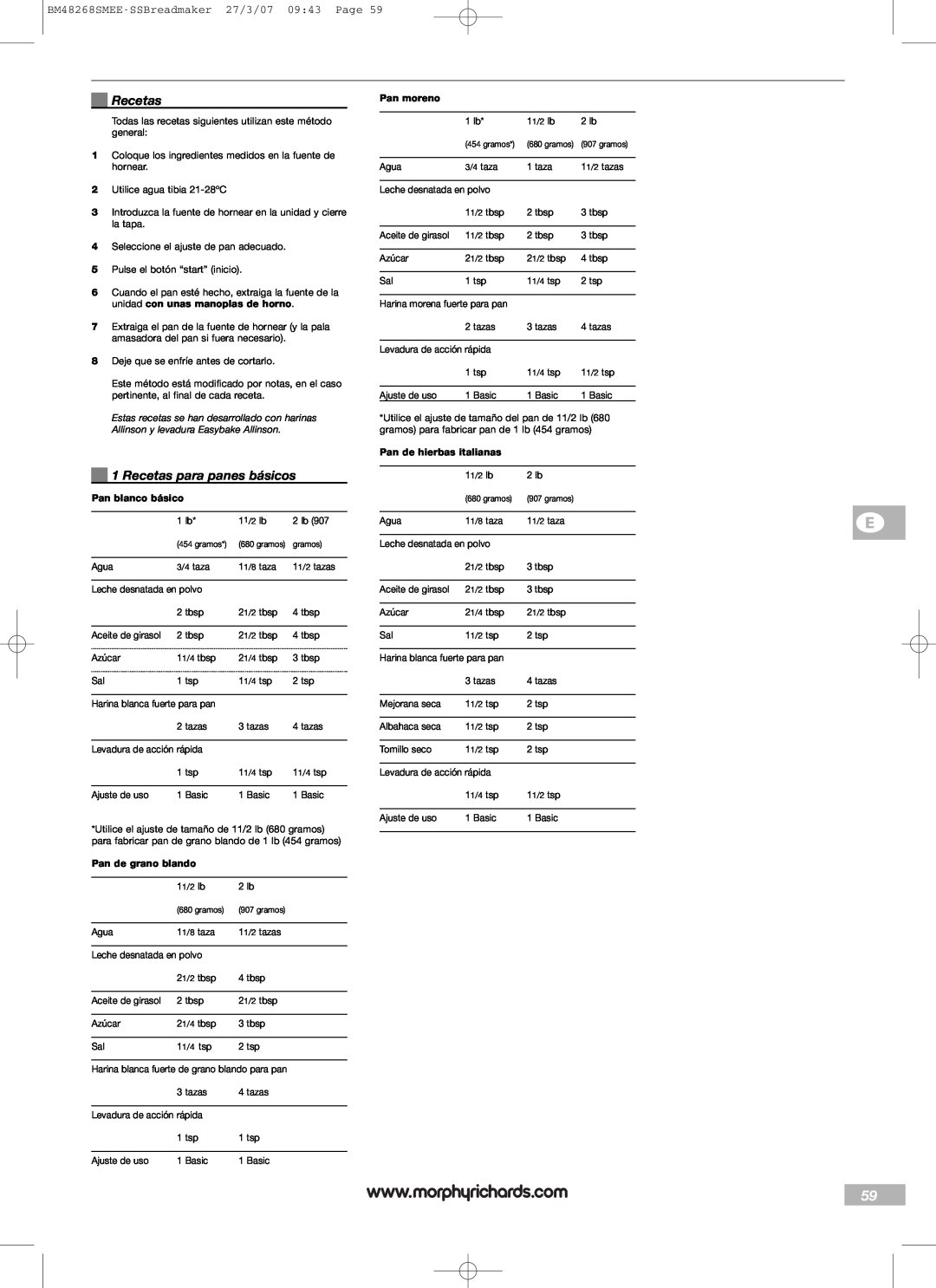 Morphy Richards manual Recetas para panes básicos, BM48268SMEE-SSBreadmaker27/3/07 09:43 Page, Pan moreno 