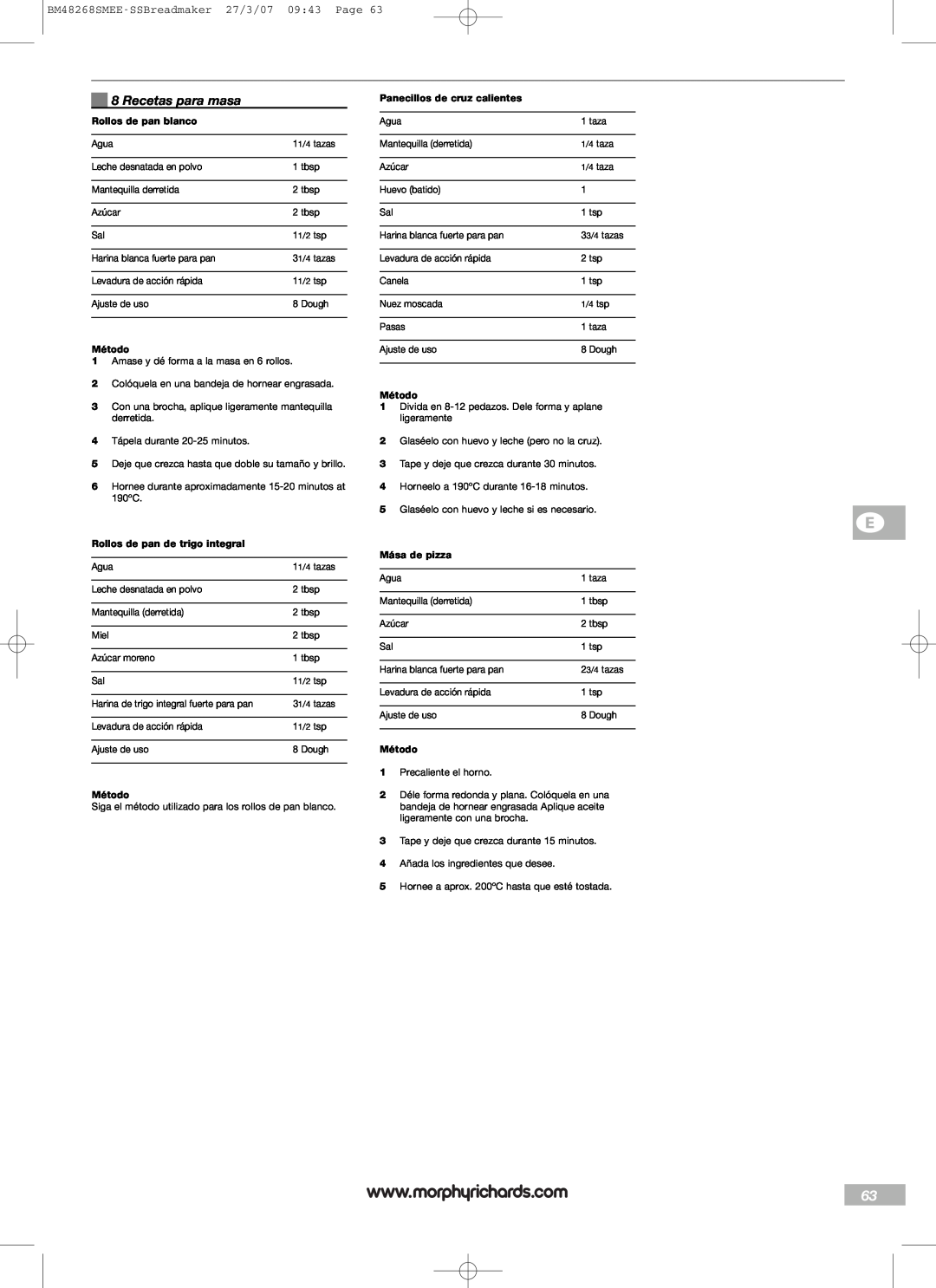 Morphy Richards manual Recetas para masa, BM48268SMEE-SSBreadmaker27/3/07 09:43 Page, Rollos de pan blanco, Método 