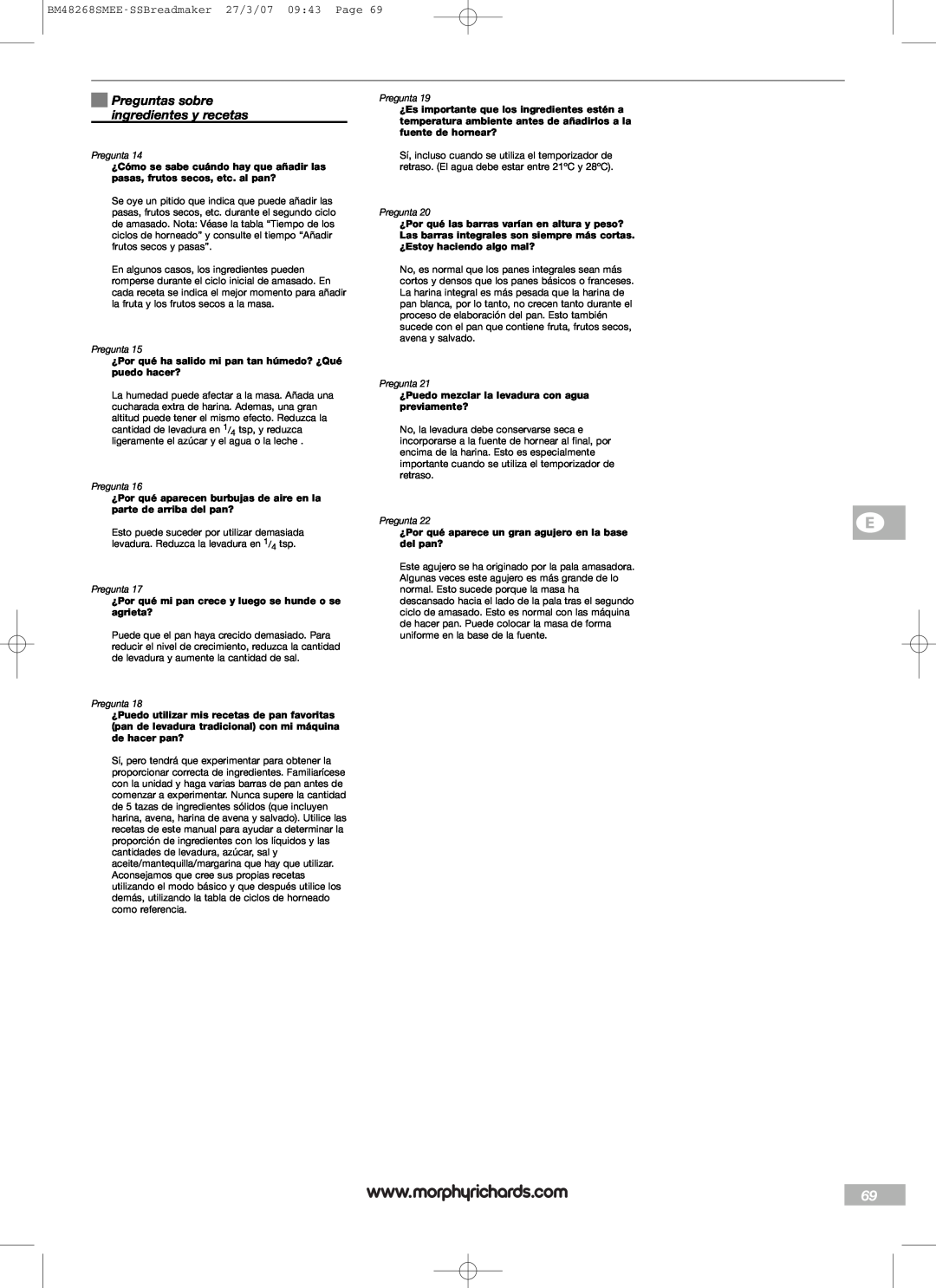 Morphy Richards manual Preguntas sobre ingredientes y recetas, BM48268SMEE-SSBreadmaker27/3/07 09:43 Page 