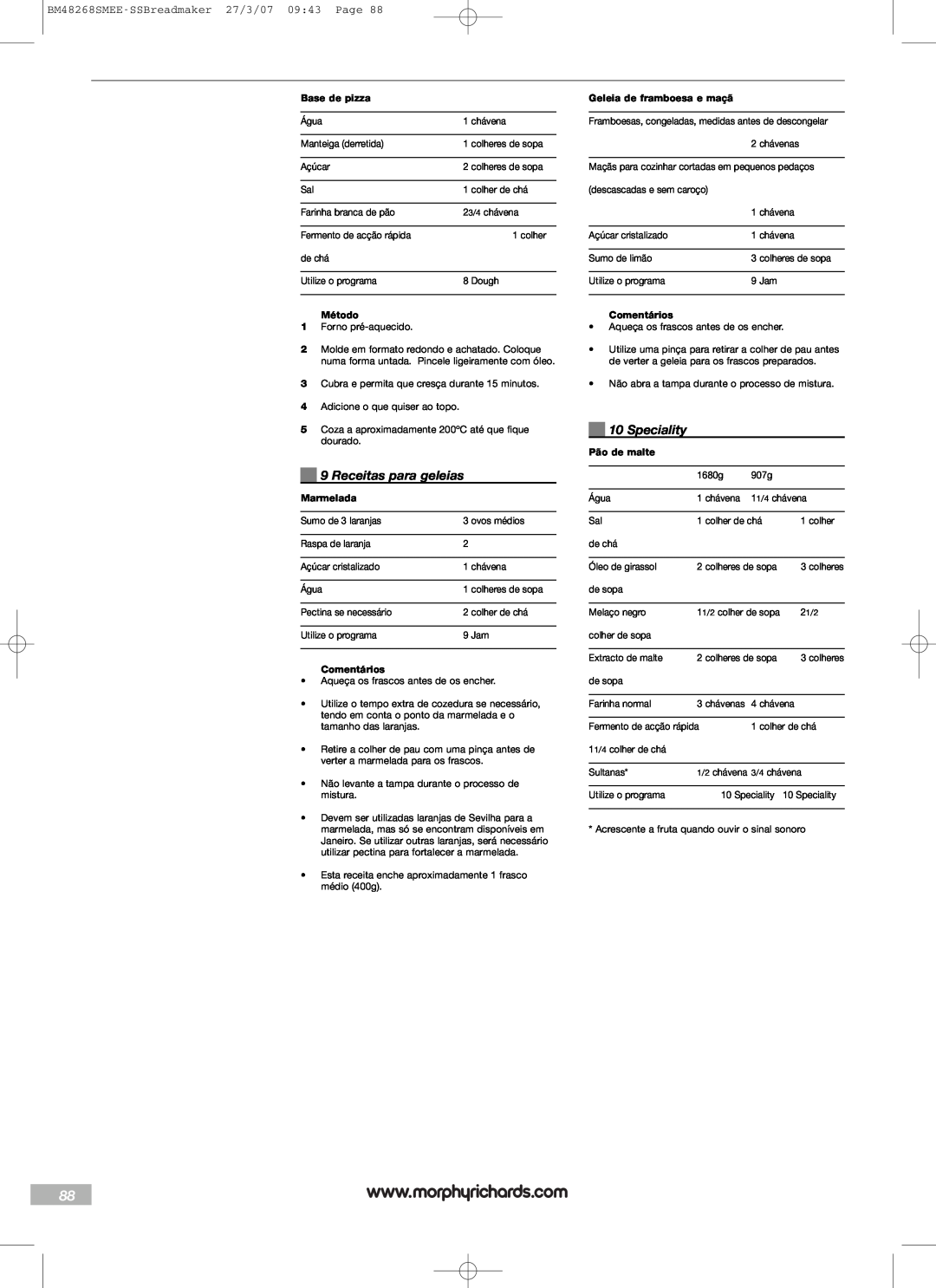 Morphy Richards Receitas para geleias, Speciality, BM48268SMEE-SSBreadmaker27/3/07 09:43 Page, Base de pizza, Método 