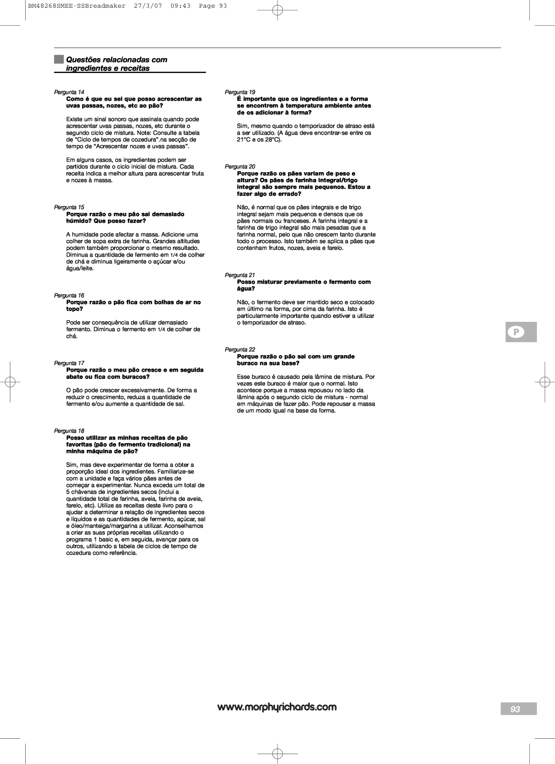 Morphy Richards manual Questões relacionadas com ingredientes e receitas, BM48268SMEE-SSBreadmaker27/3/07 09:43 Page 