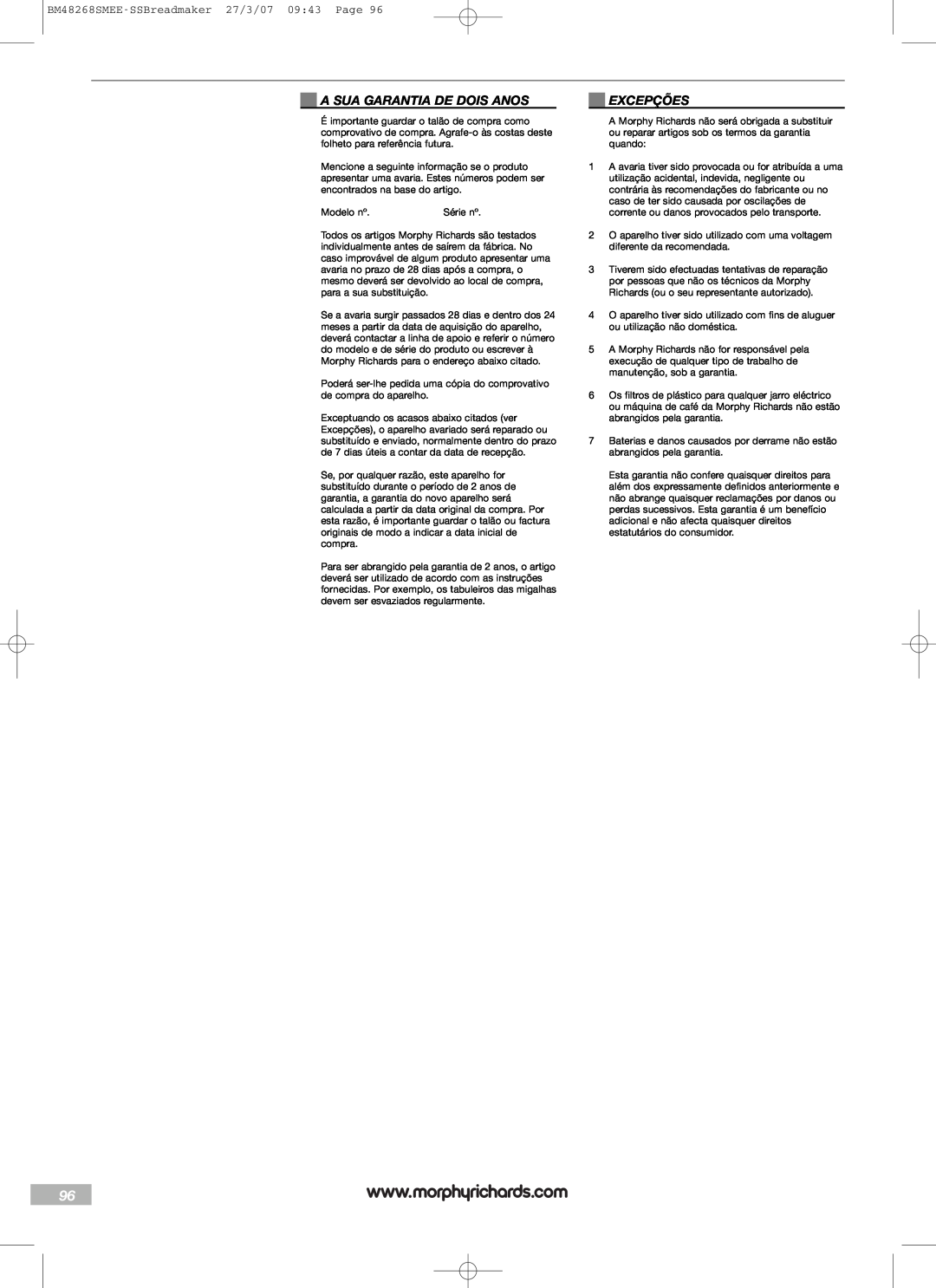 Morphy Richards manual A Sua Garantia De Dois Anos, Excepções, BM48268SMEE-SSBreadmaker27/3/07 09:43 Page 