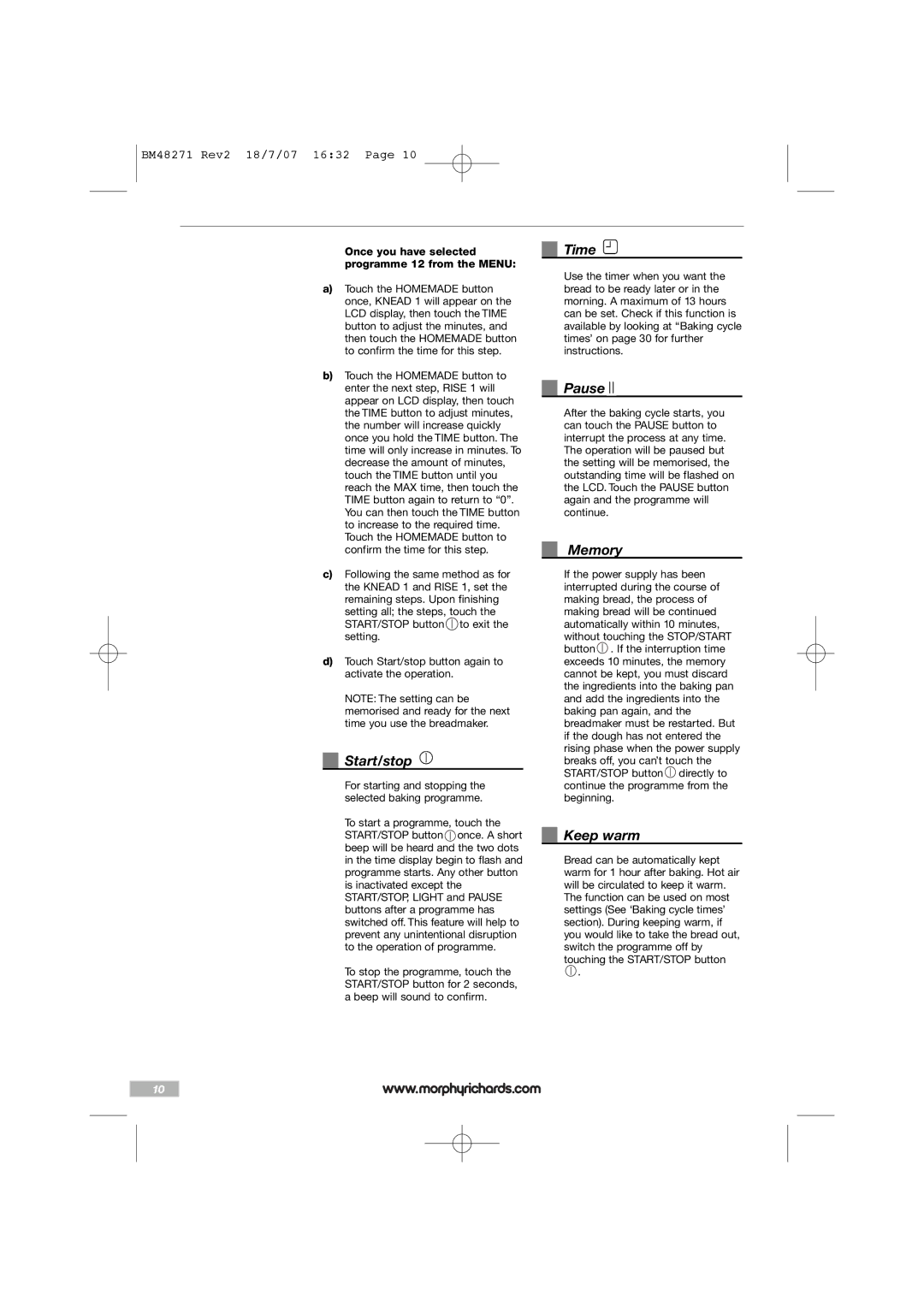 Morphy Richards BM48271 manual Start/stop, Time, Pause, Memory, Keep warm 
