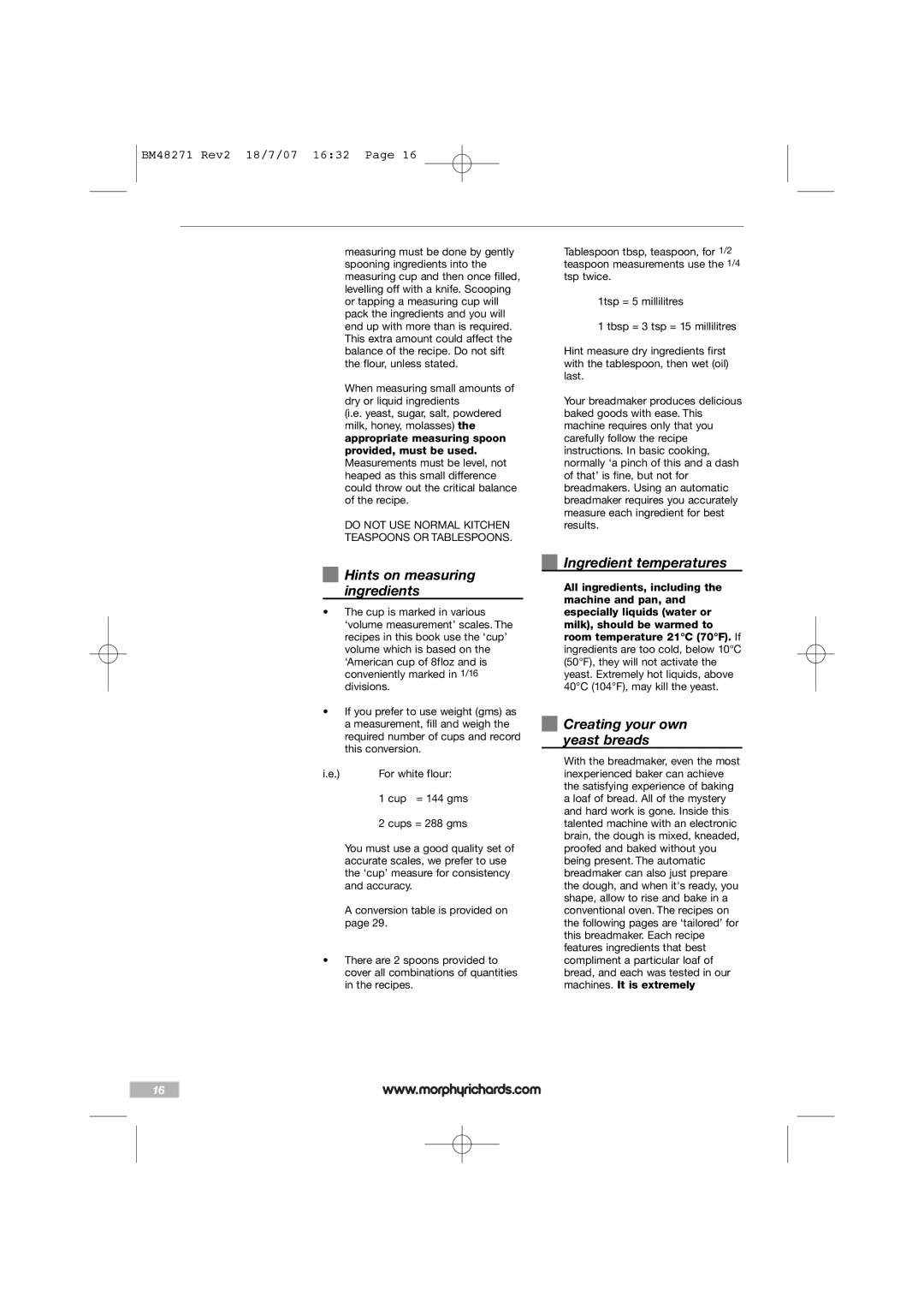 Morphy Richards BM48271 manual Hints on measuring ingredients, Ingredient temperatures, Creating your own yeast breads 