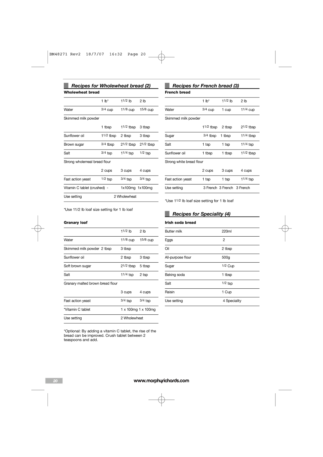 Morphy Richards BM48271 manual Recipes for Wholewheat bread, Recipes for French bread, Recipes for Speciality 