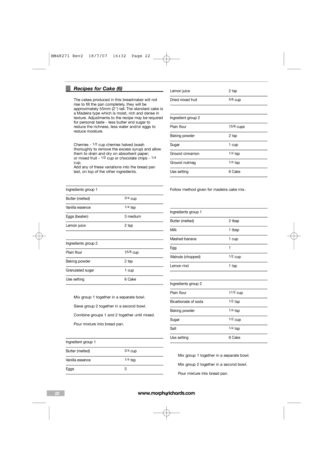 Morphy Richards BM48271 manual Recipes for Cake 