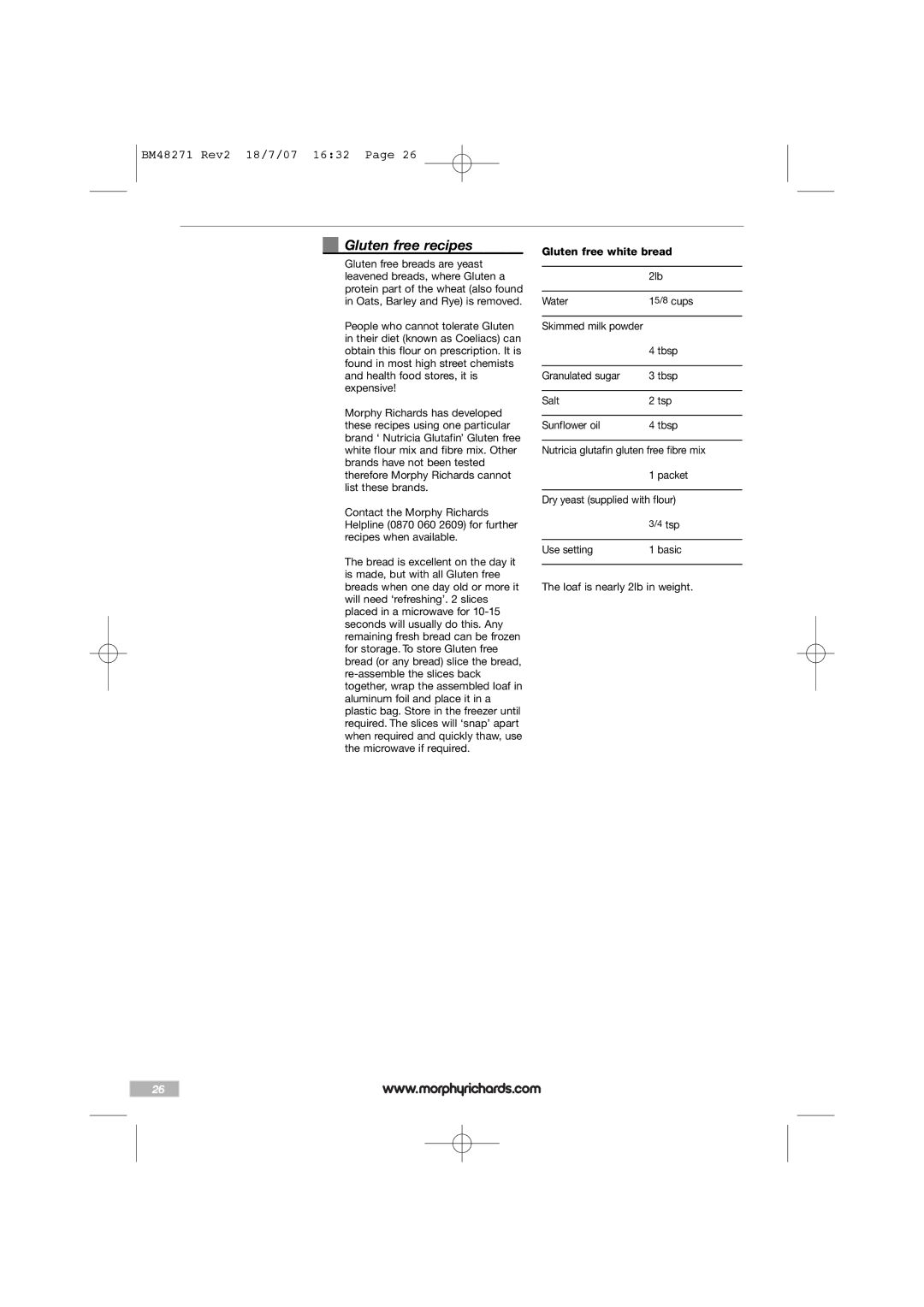 Morphy Richards BM48271 manual Gluten free recipes 