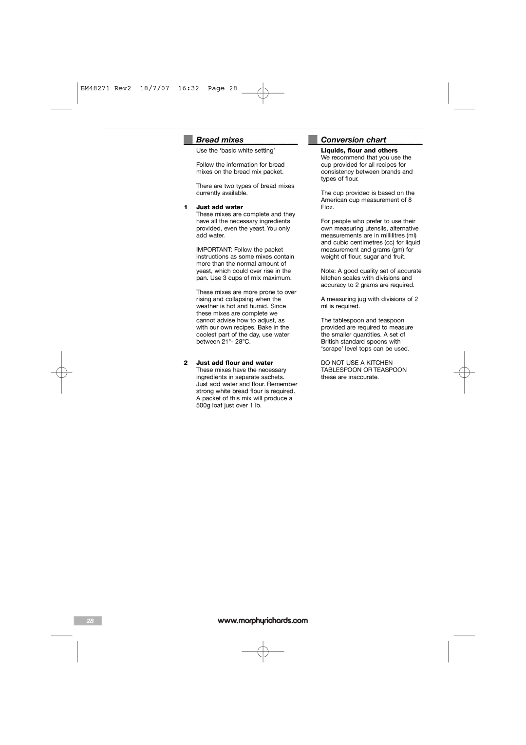 Morphy Richards BM48271 manual Bread mixes, Conversion chart 