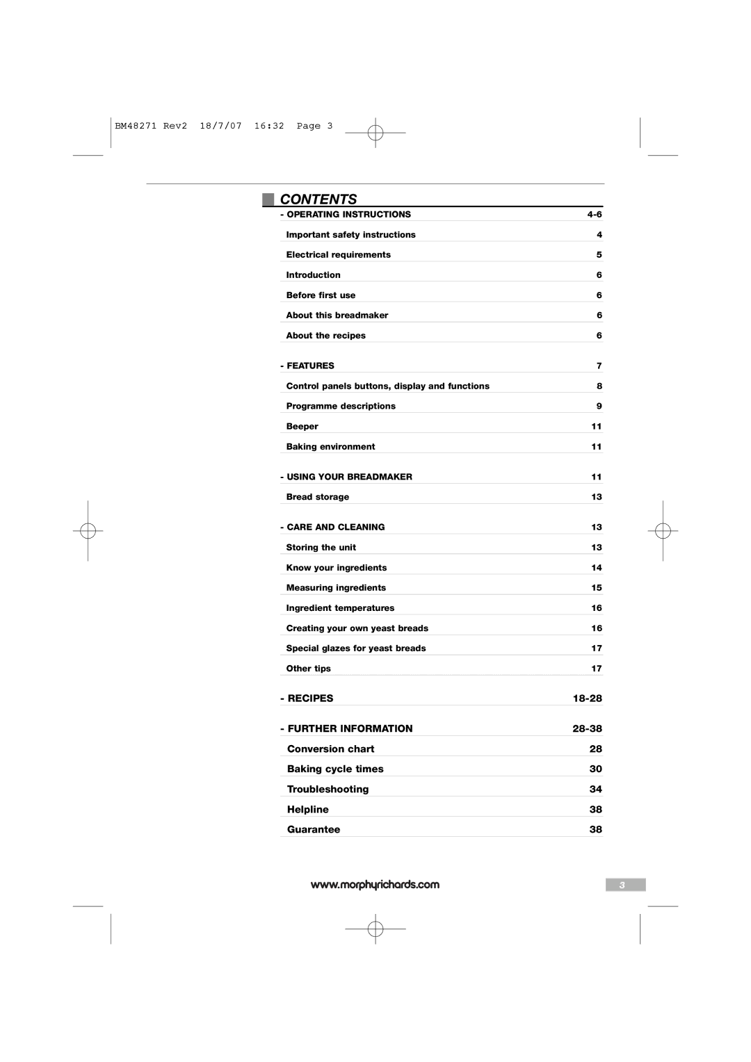 Morphy Richards BM48271 manual Contents 