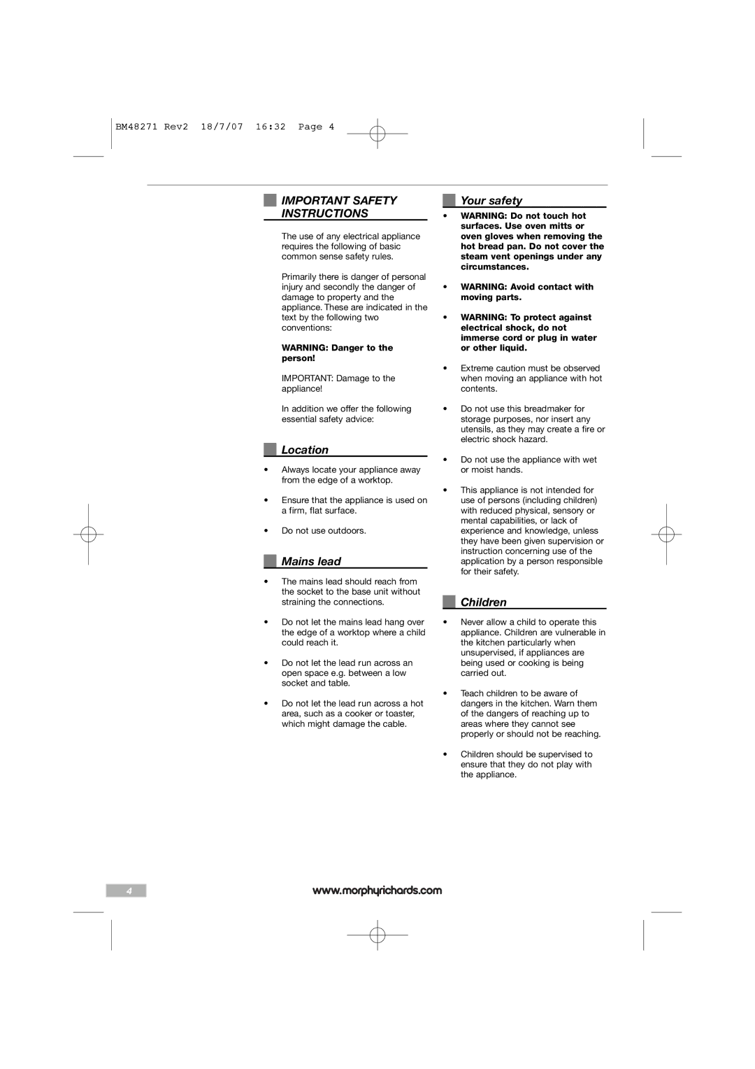 Morphy Richards BM48271 manual Important Safety, Instructions 