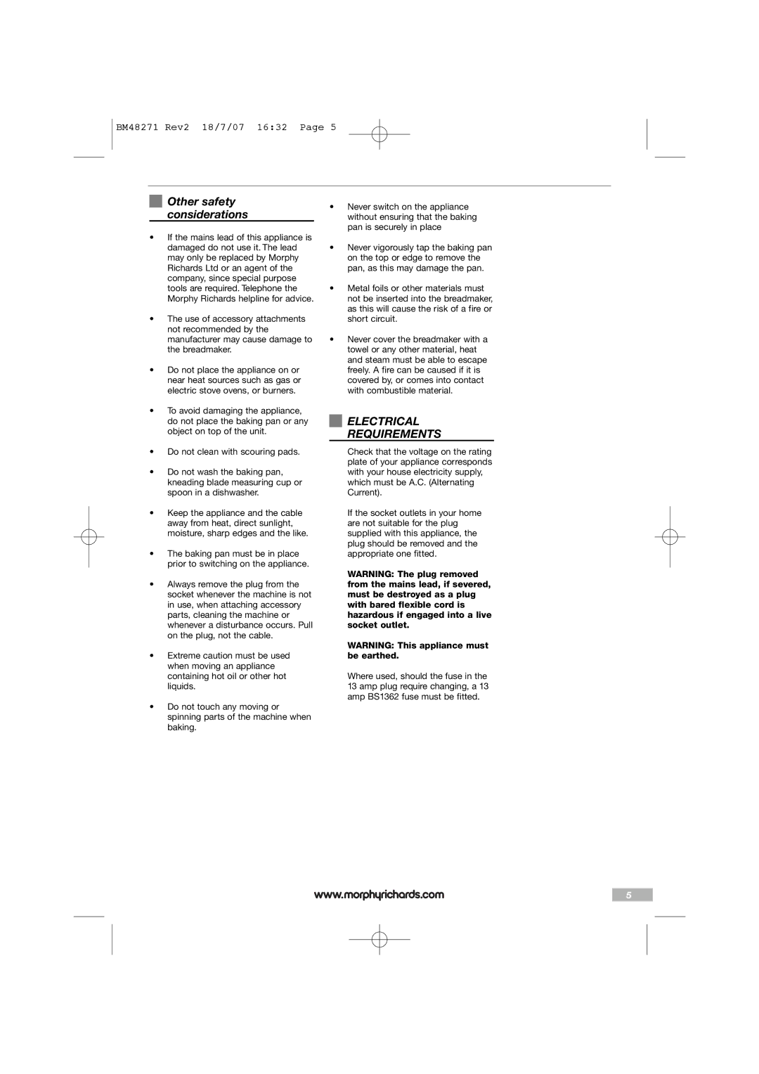 Morphy Richards BM48271 manual Other safety considerations, Electrical Requirements 