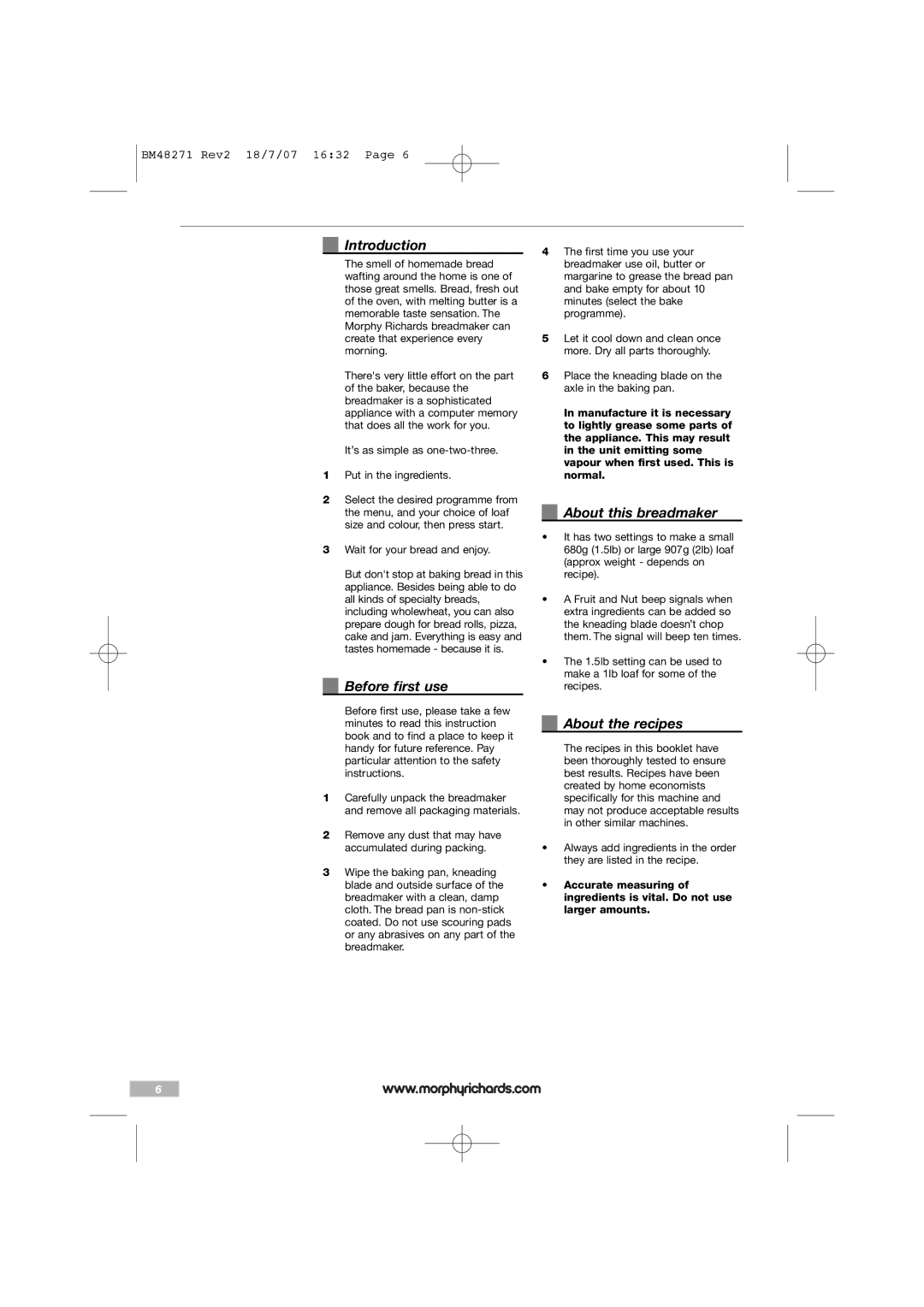 Morphy Richards BM48271 manual Introduction, Before first use, About this breadmaker, About the recipes 