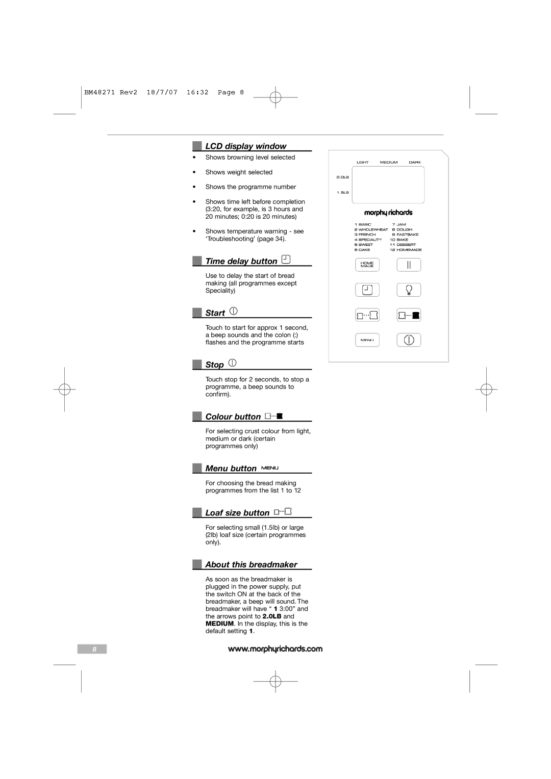Morphy Richards BM48271 LCD display window, Time delay button, Start, Stop, Colour button, Menu button, Loaf size button 
