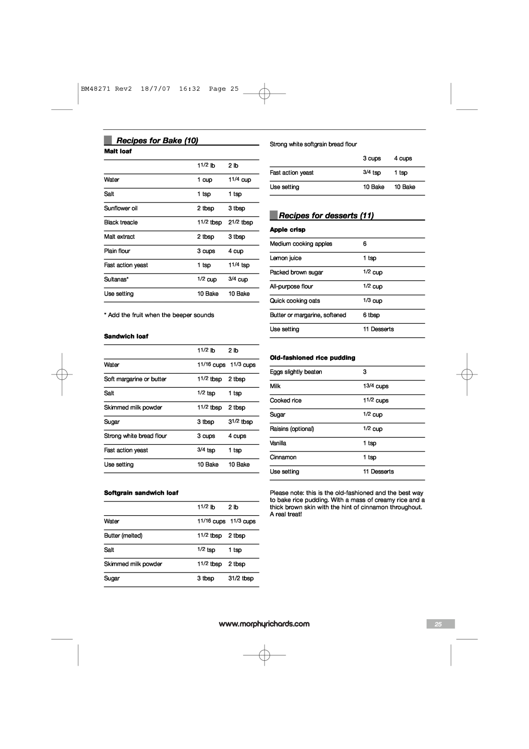 Morphy Richards manual Recipes for Bake, Recipes for desserts, BM48271 Rev2 18/7/07 16 32 Page 