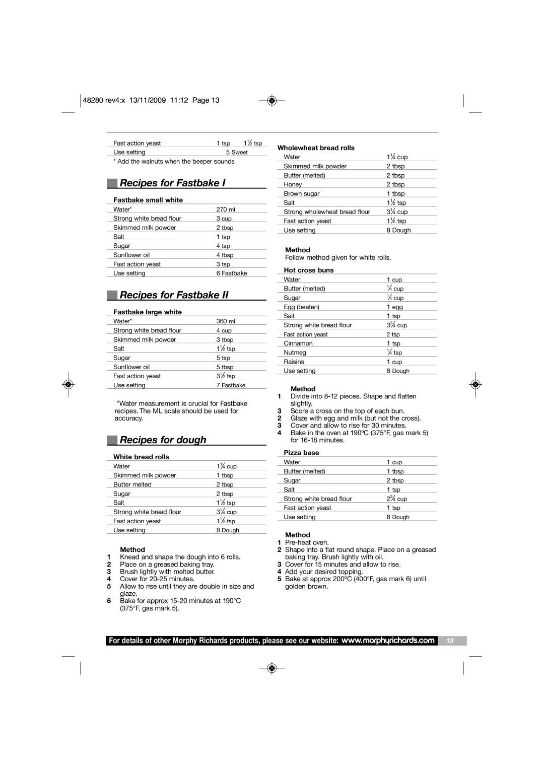 Morphy Richards BM48280 manual Recipes for Fastbake, Recipes for dough 