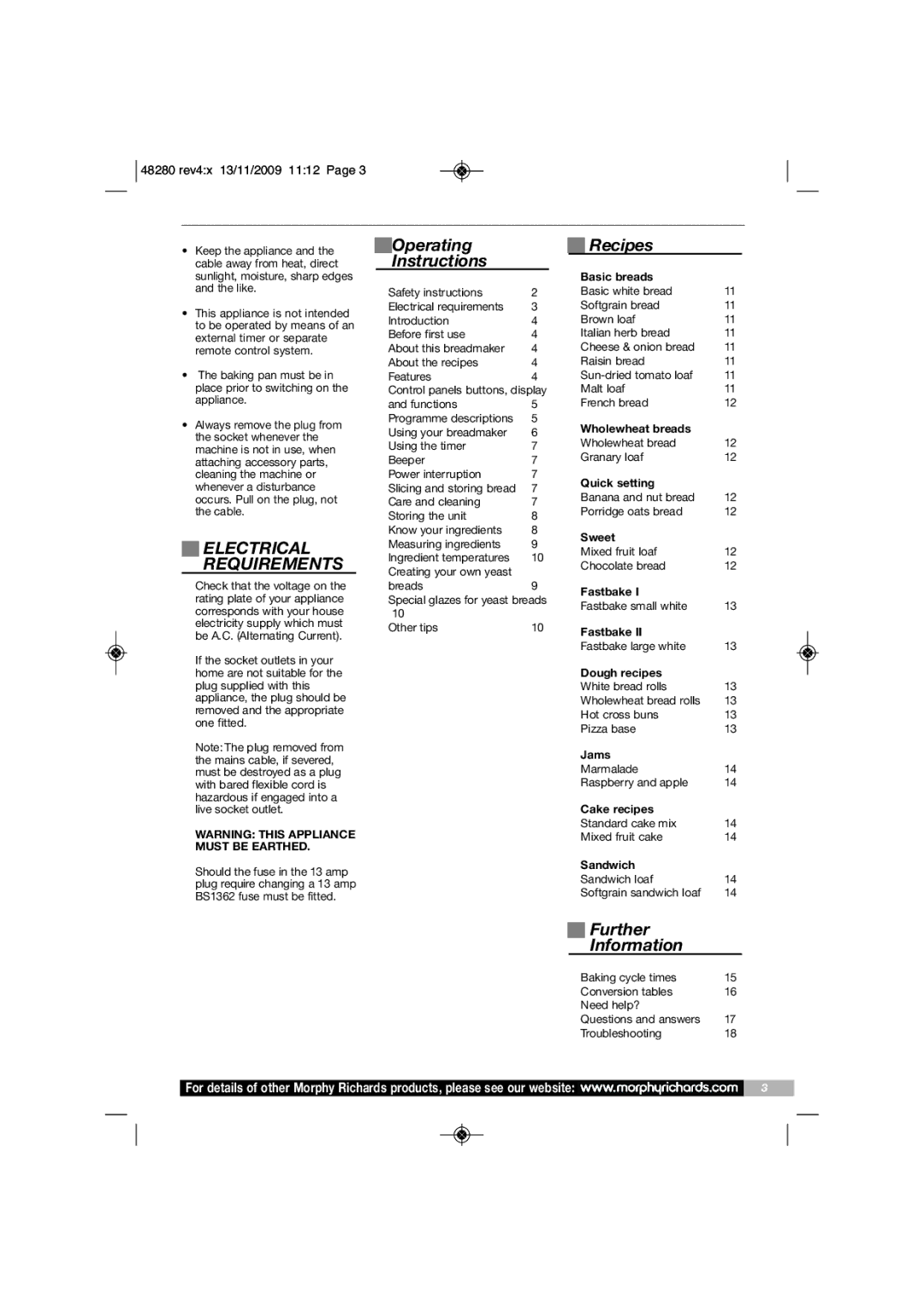 Morphy Richards BM48280 manual Operating Recipes Instructions, Electrical, Requirements, Further Information 