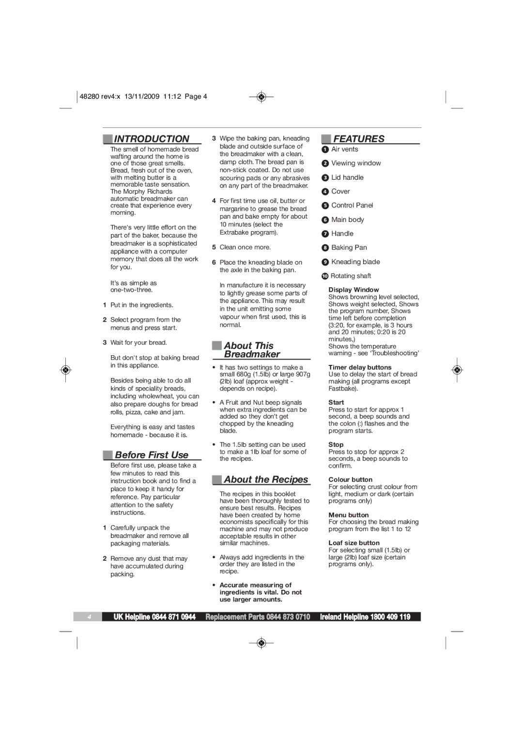 Morphy Richards BM48280 manual Introduction, Features, Before First Use, About This Breadmaker, About the Recipes 