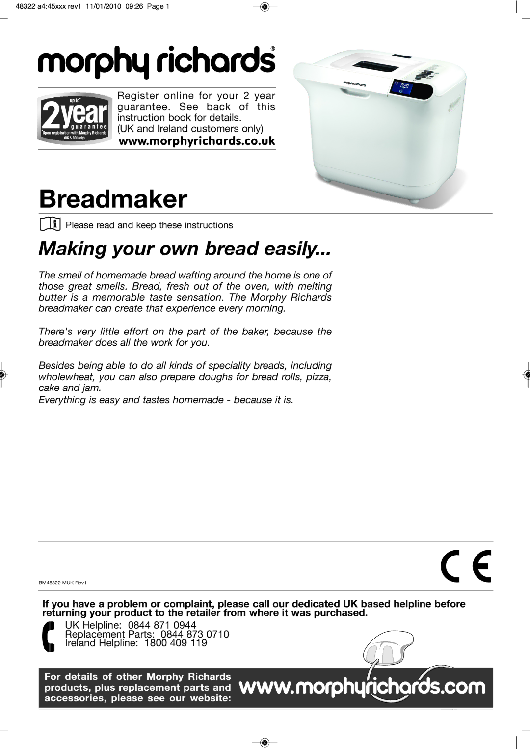 Morphy Richards BM48322 manual Breadmaker 